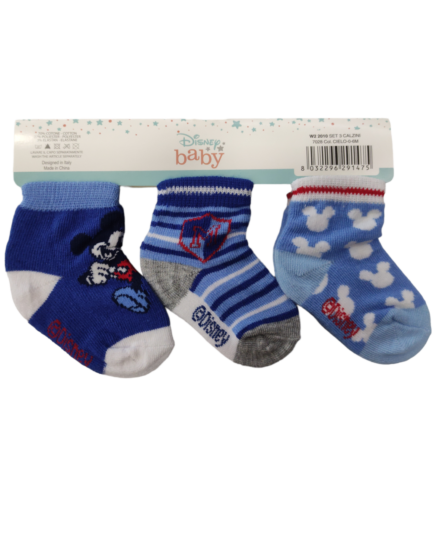 Calzini Neonato Disney Topolino Mickey Mouse Tre Paia 0-6 Mesi