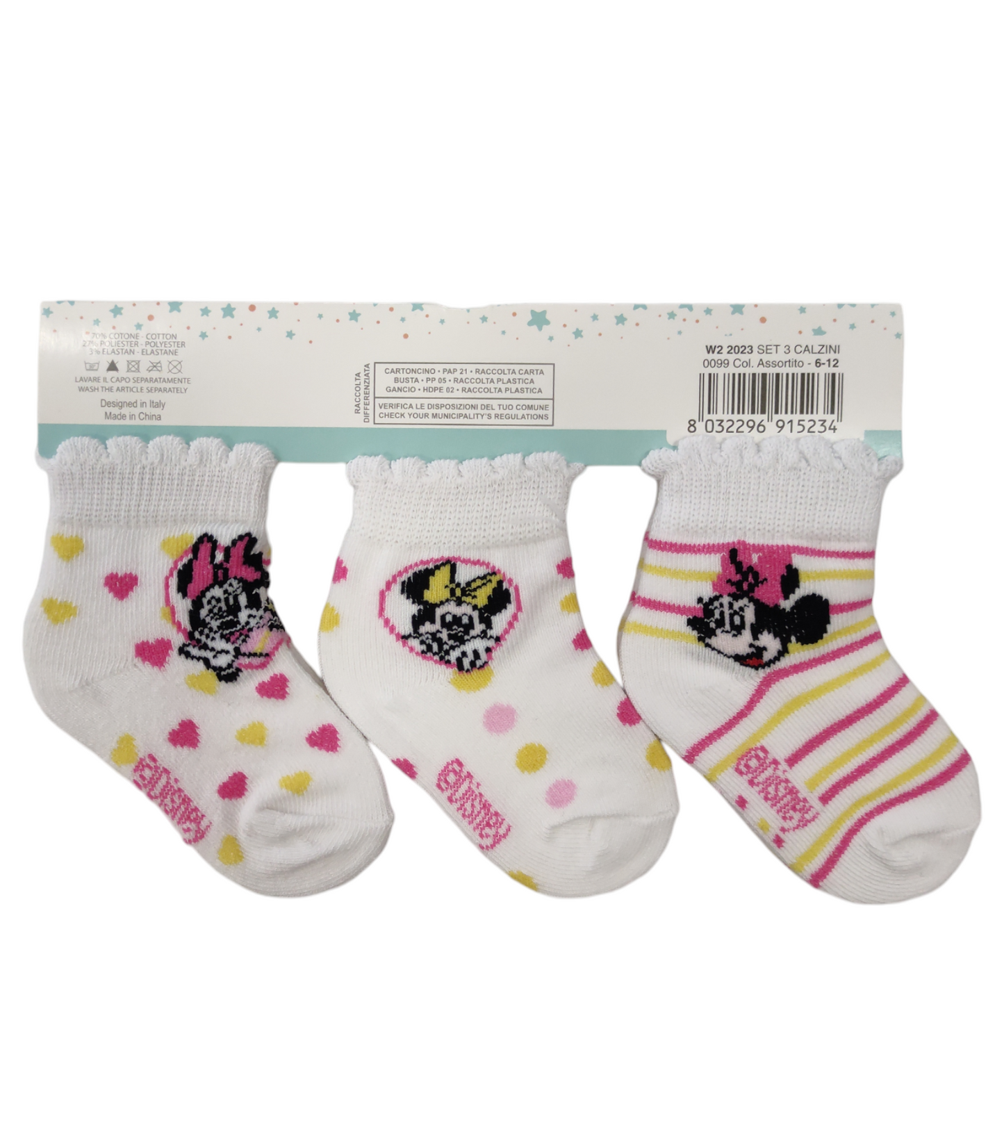 Calzini Neonata Bambina Disney Minnie Tre Paia 6-12 Mesi