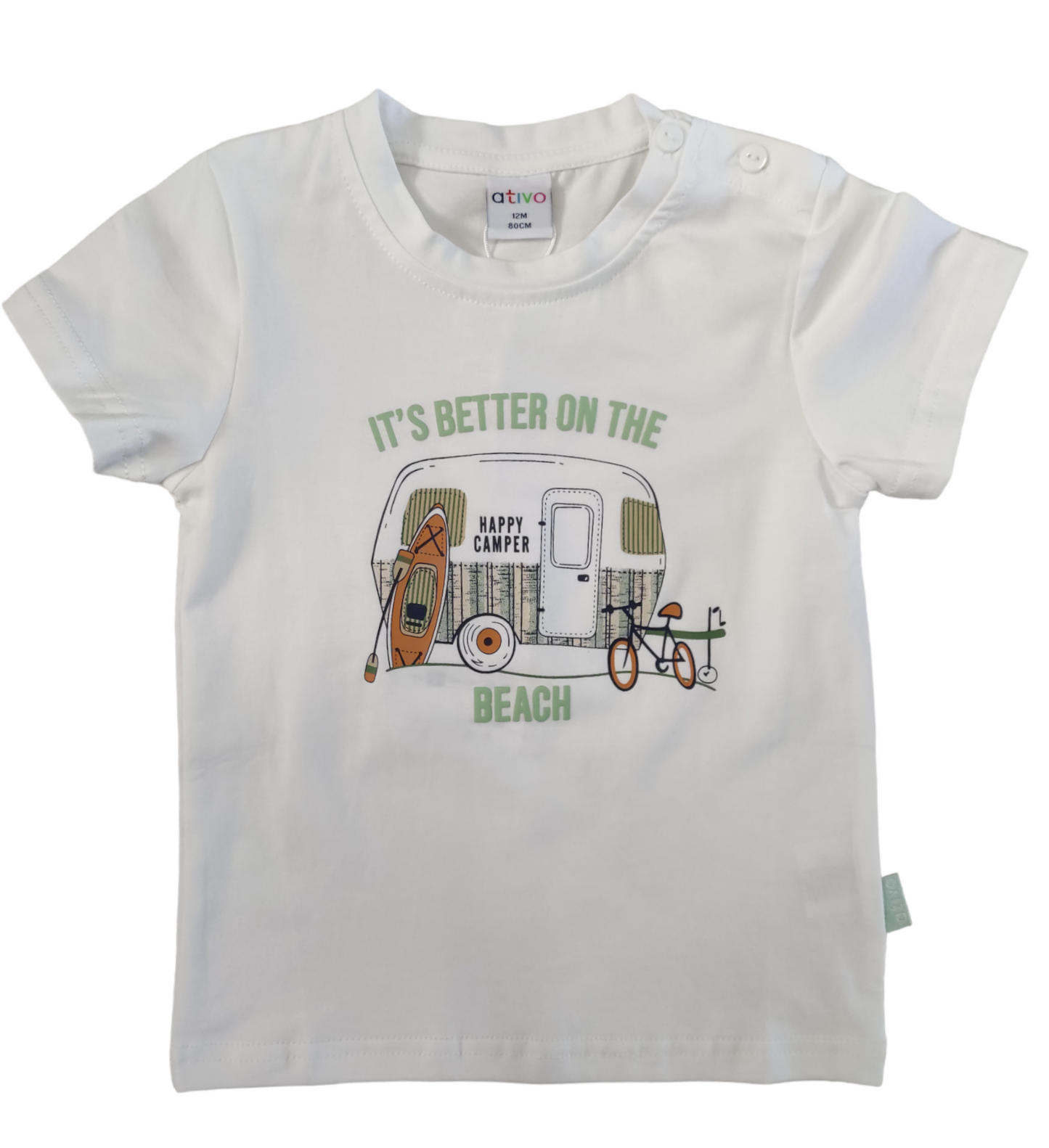 T-shirt Bianca in Cotone Manica Corta con Stampa Camper Bambino 6-36 Mesi