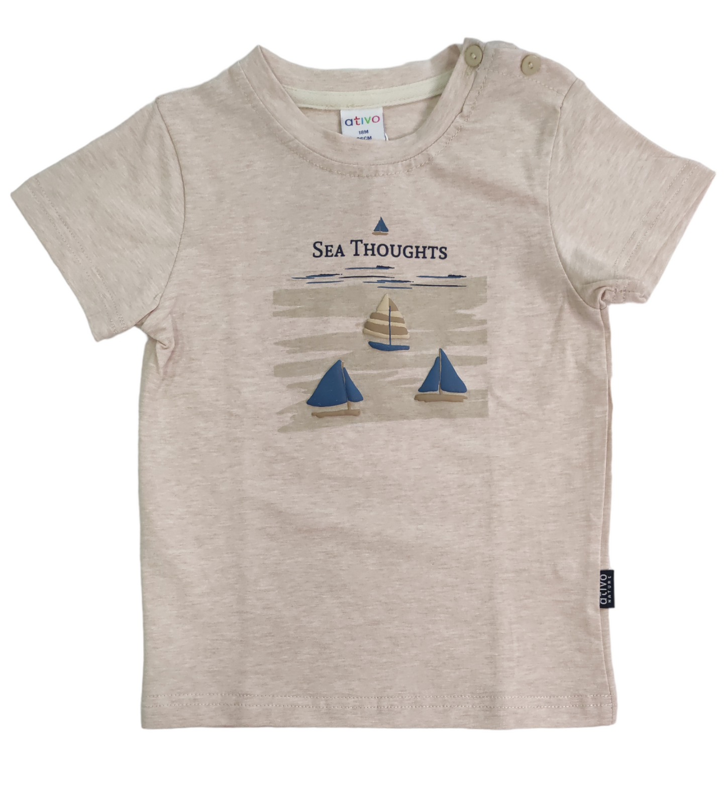 Maglia Manica Corta in Cotone Color Sabbia Stampa in Rilievo Ativo Kids Bambino 6-36 Mesi