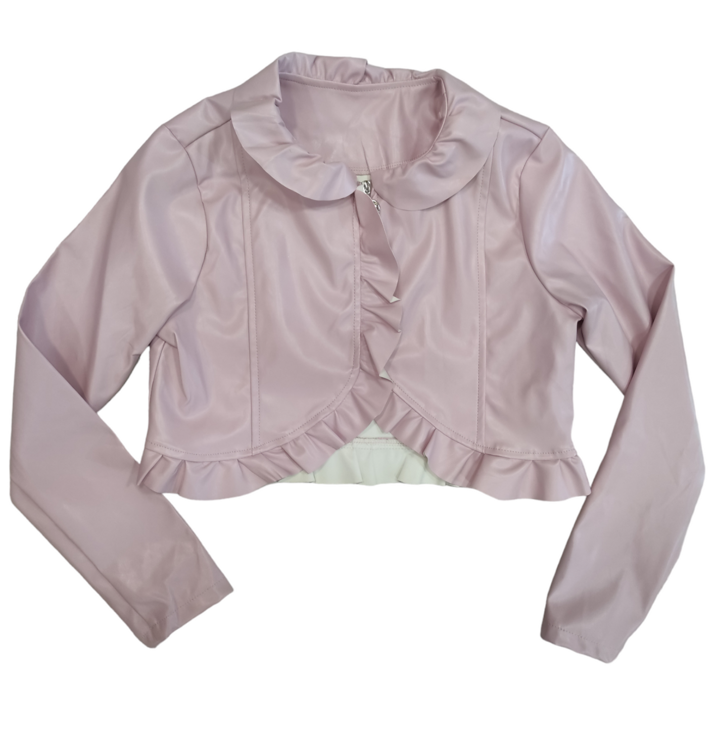 Completo Tre Pezzi Leggings Nero T-Shirt e Giacca Ecopelle Rosa Bambina Ragazza 8-16 Anni