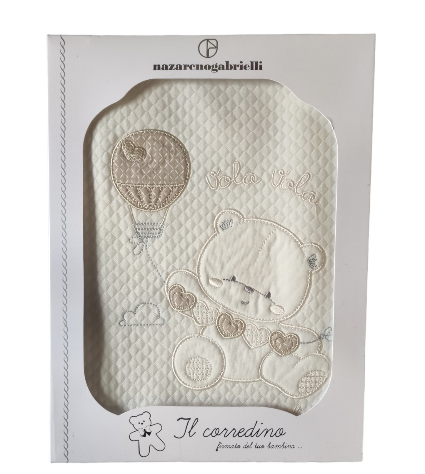 Copertina Lettino Bianca in Puro Cotone Ricamata Orsetto Mongolfiera Nazareno Gabrielli