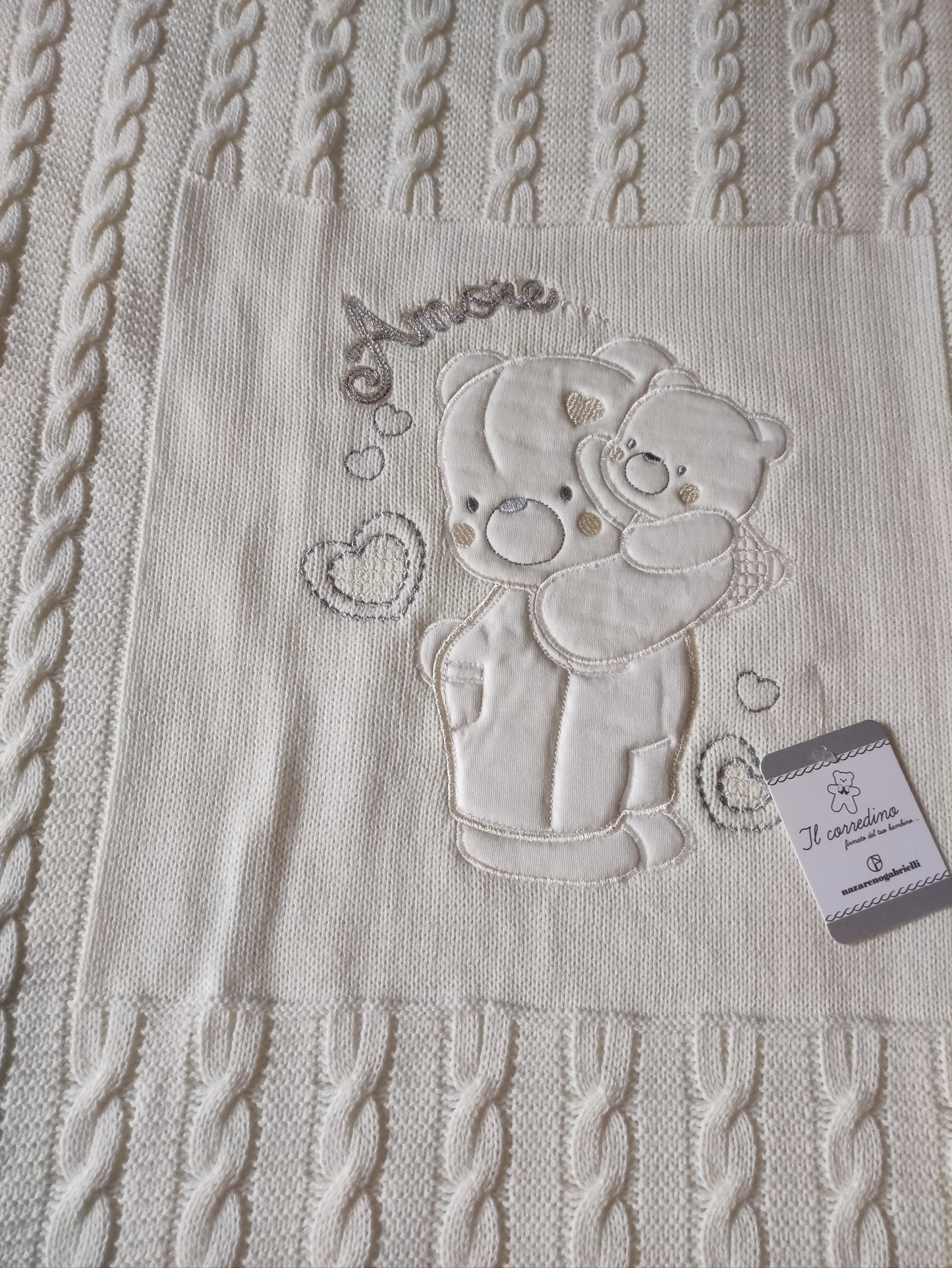 Copertina Color Panna Culla Carrozzina in Lana Ricamata Orsetti Amore Neonato Unisex Nazareno Gabrielli