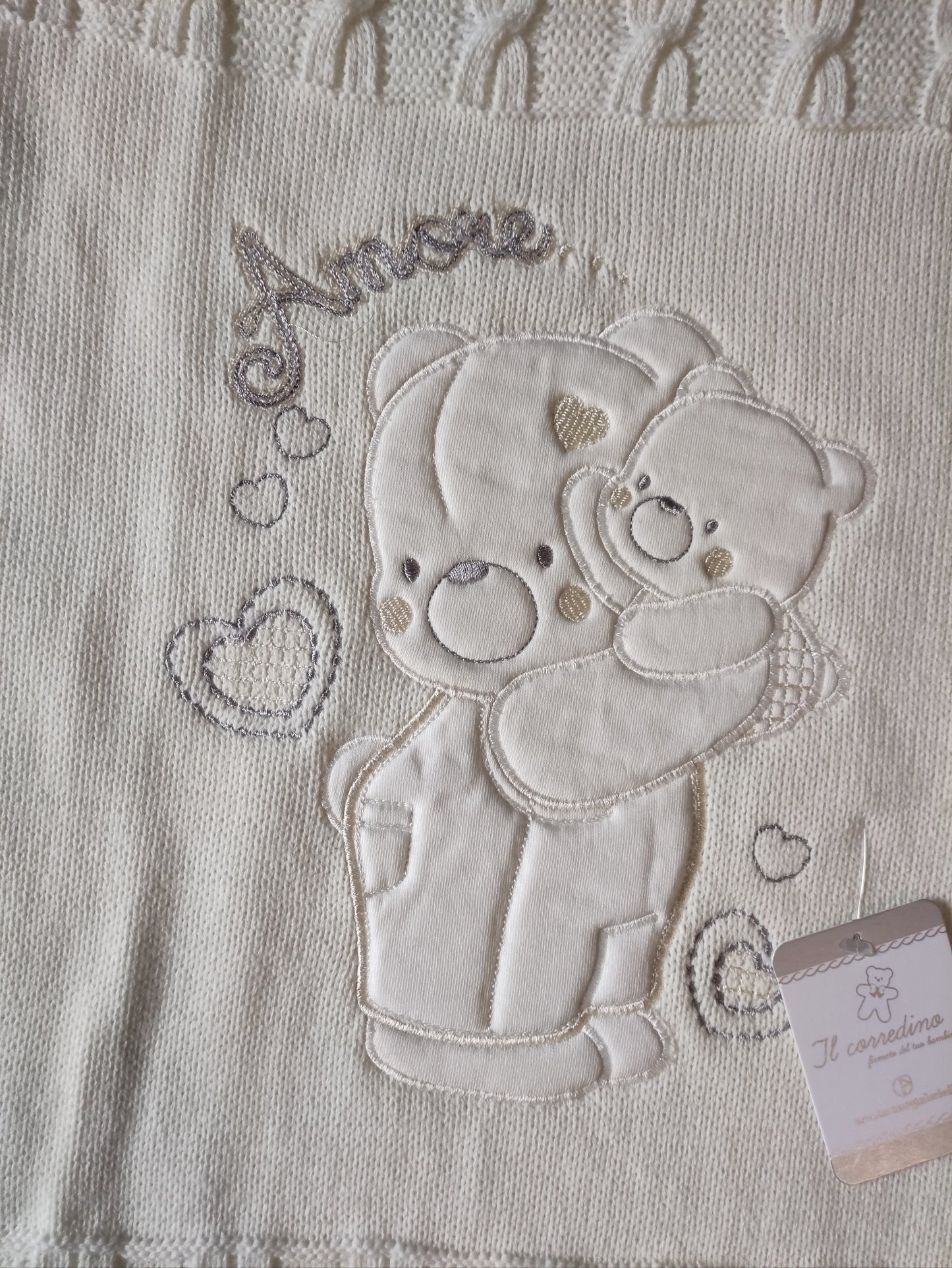 Copertina Color Panna Culla Carrozzina in Lana Ricamata Orsetti Amore Neonato Unisex Nazareno Gabrielli