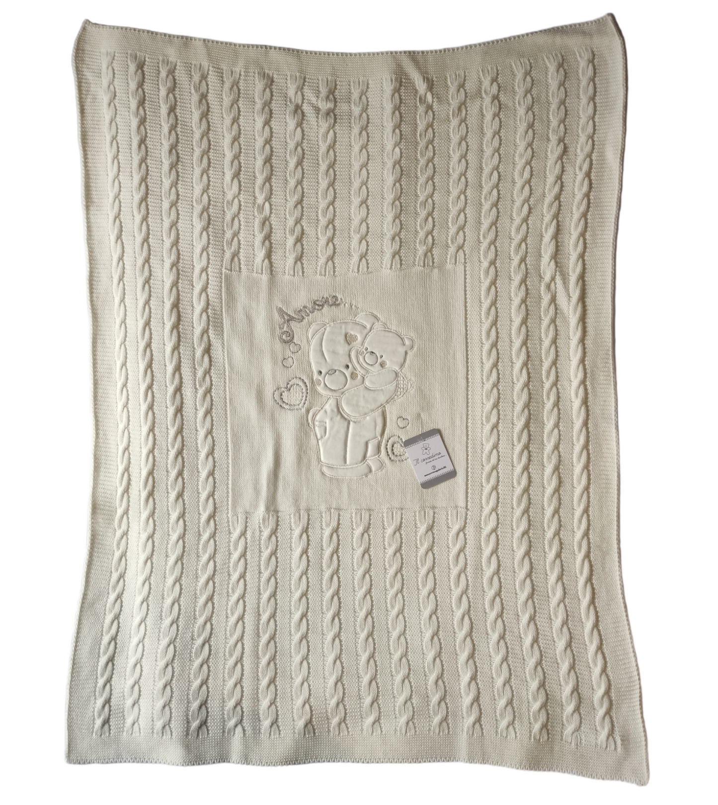 Copertina Color Panna Culla Carrozzina in Lana Ricamata Orsetti Amore Neonato Unisex Nazareno Gabrielli