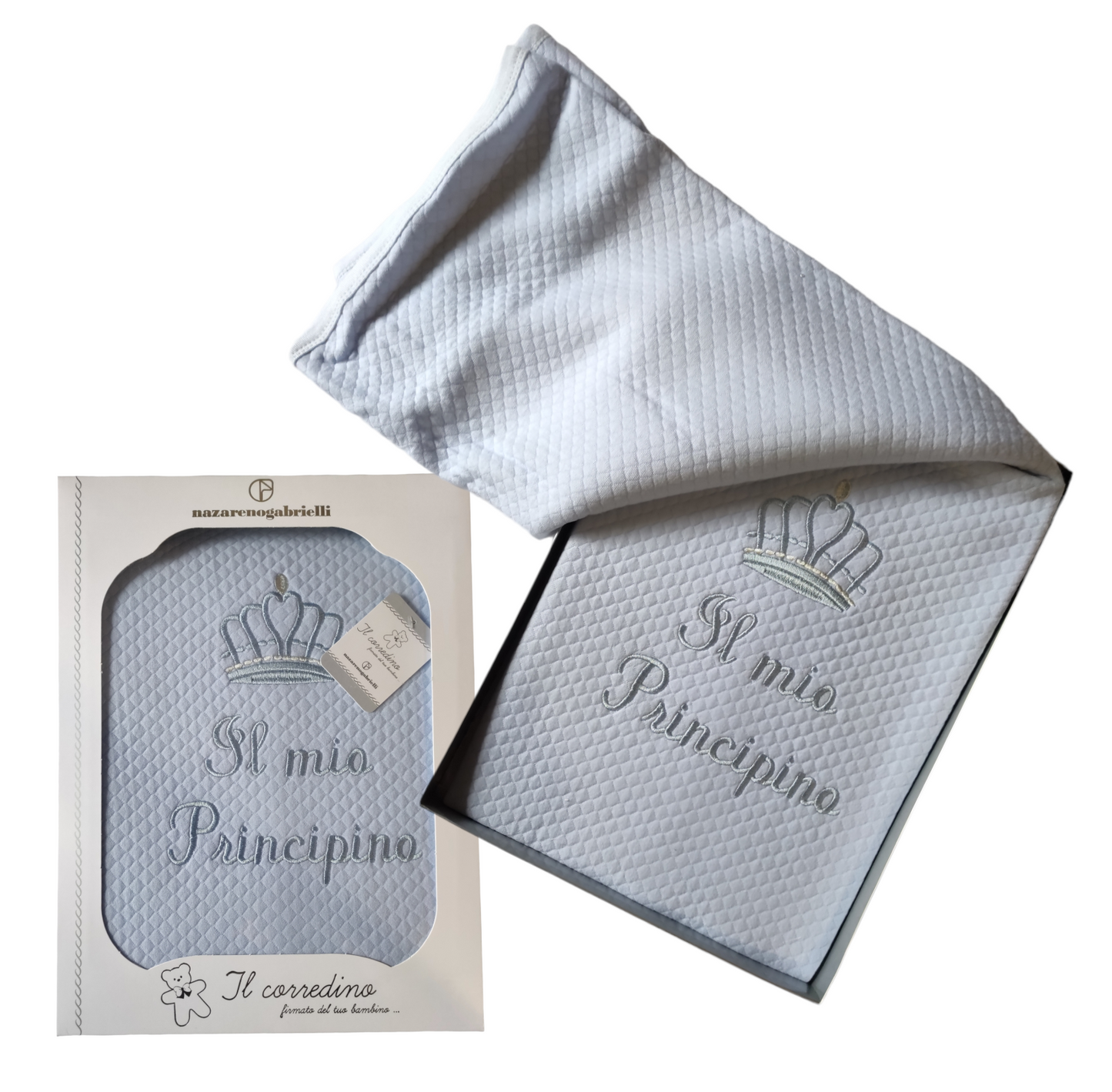 Coperta Celeste Ricamata Il Mio Principino per Lettino Cotone Nazareno Gabrielli