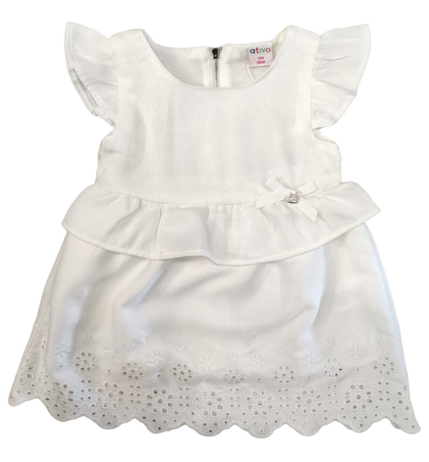 Abitino Bianco Cerimonia Manica Corta con Ricamo Sangallo Ativo Kids Bambina 6-36 Mesi