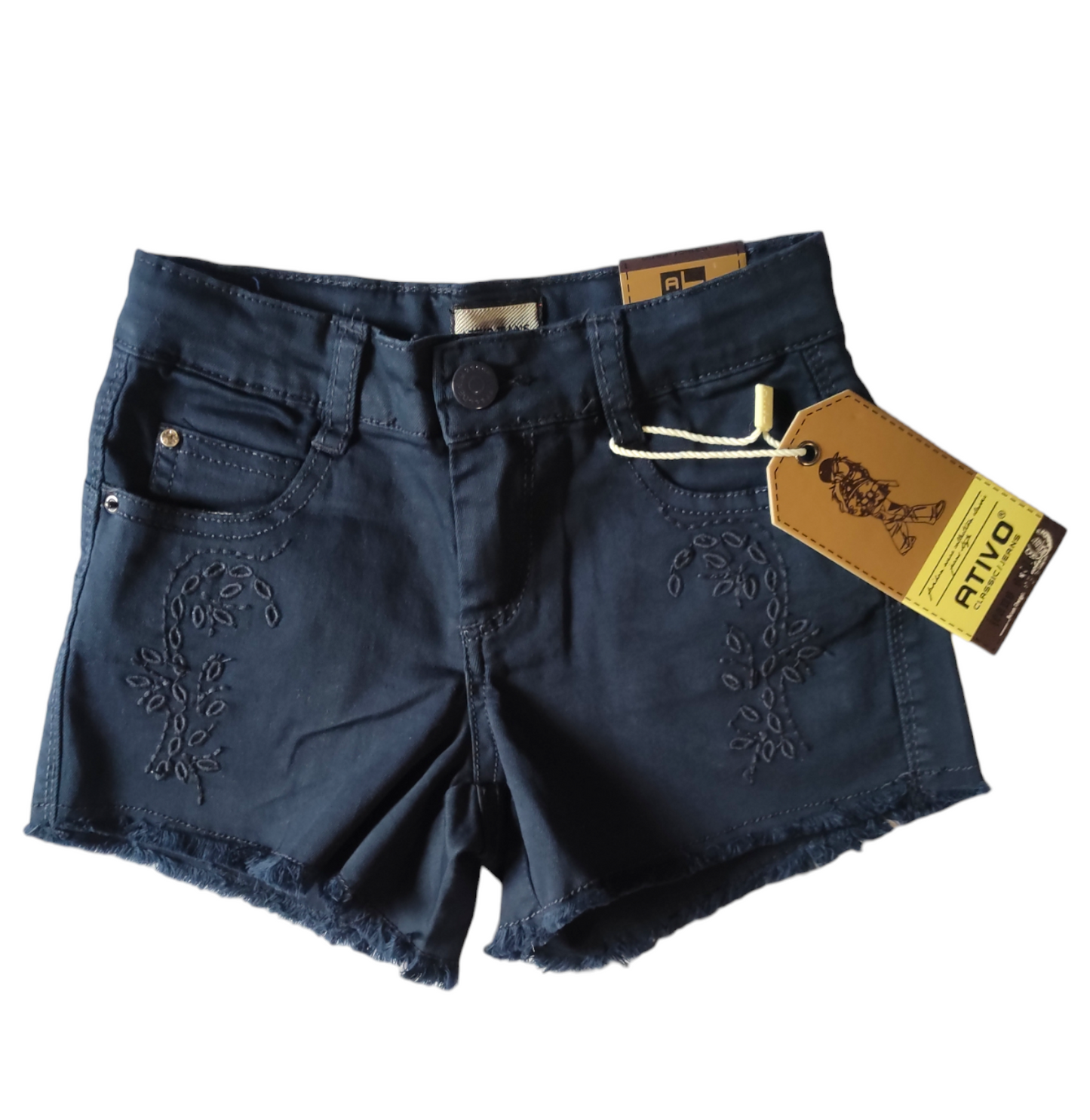 Pantaloncino Modello Shorts in Cotone Colorato Blu Scuro Elasticizzato con Ricamo Bambina Ragazza 4-14 Anni