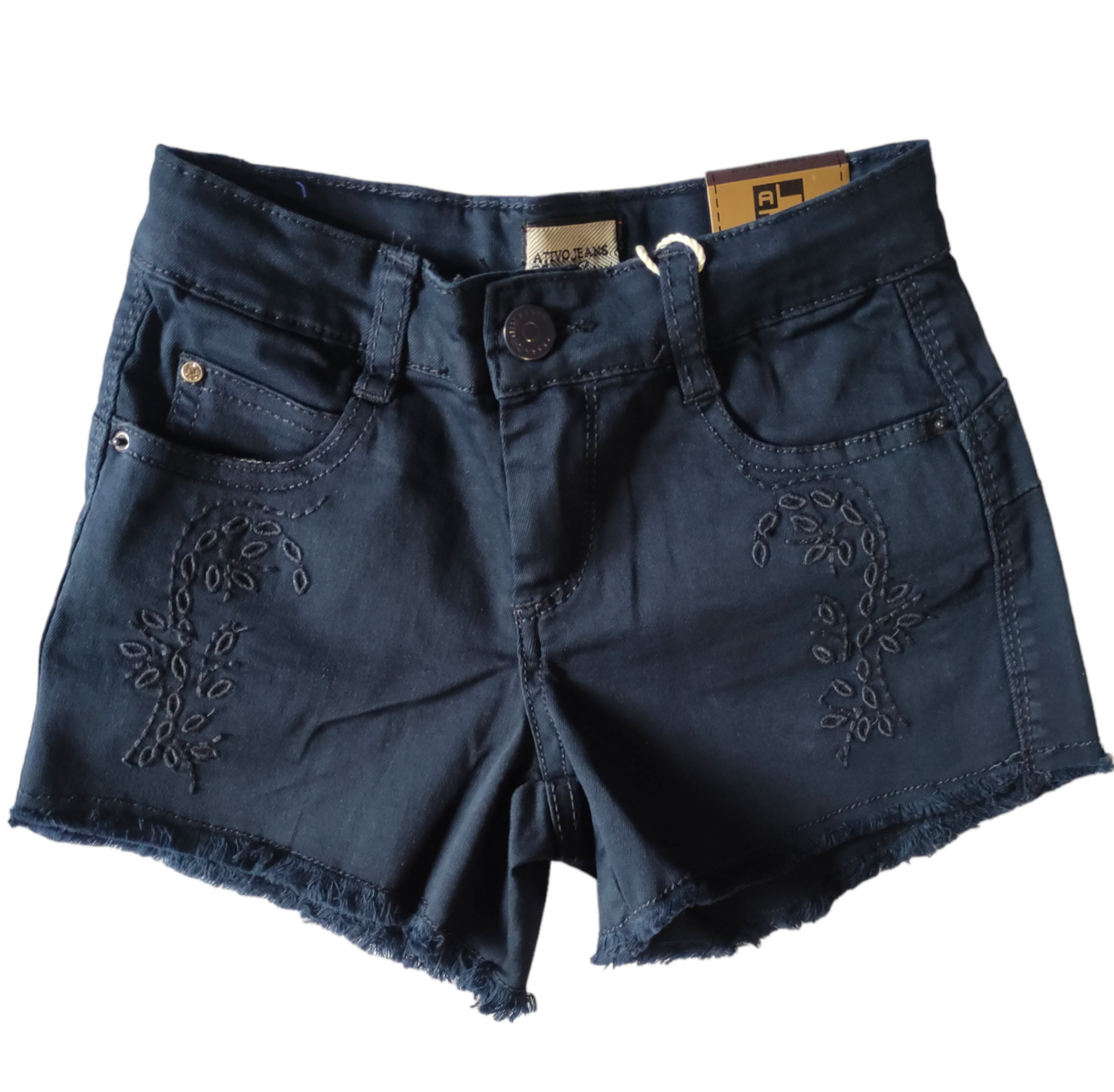 Pantaloncino Modello Shorts in Cotone Colorato Blu Scuro Elasticizzato con Ricamo Bambina Ragazza 4-14 Anni