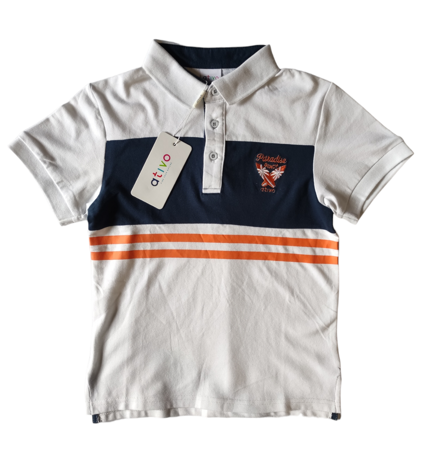 Polo Bianca in Cotone Manica Corta Righe Arancio Ativo Kids Bambino Ragazzo 4-16 Anni