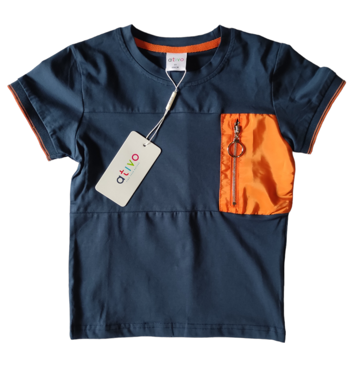 T-Shirt in Jersey di Cotone Blu con Taschino Lucido Arancione Bambino Ragazzo 4-16 Anni