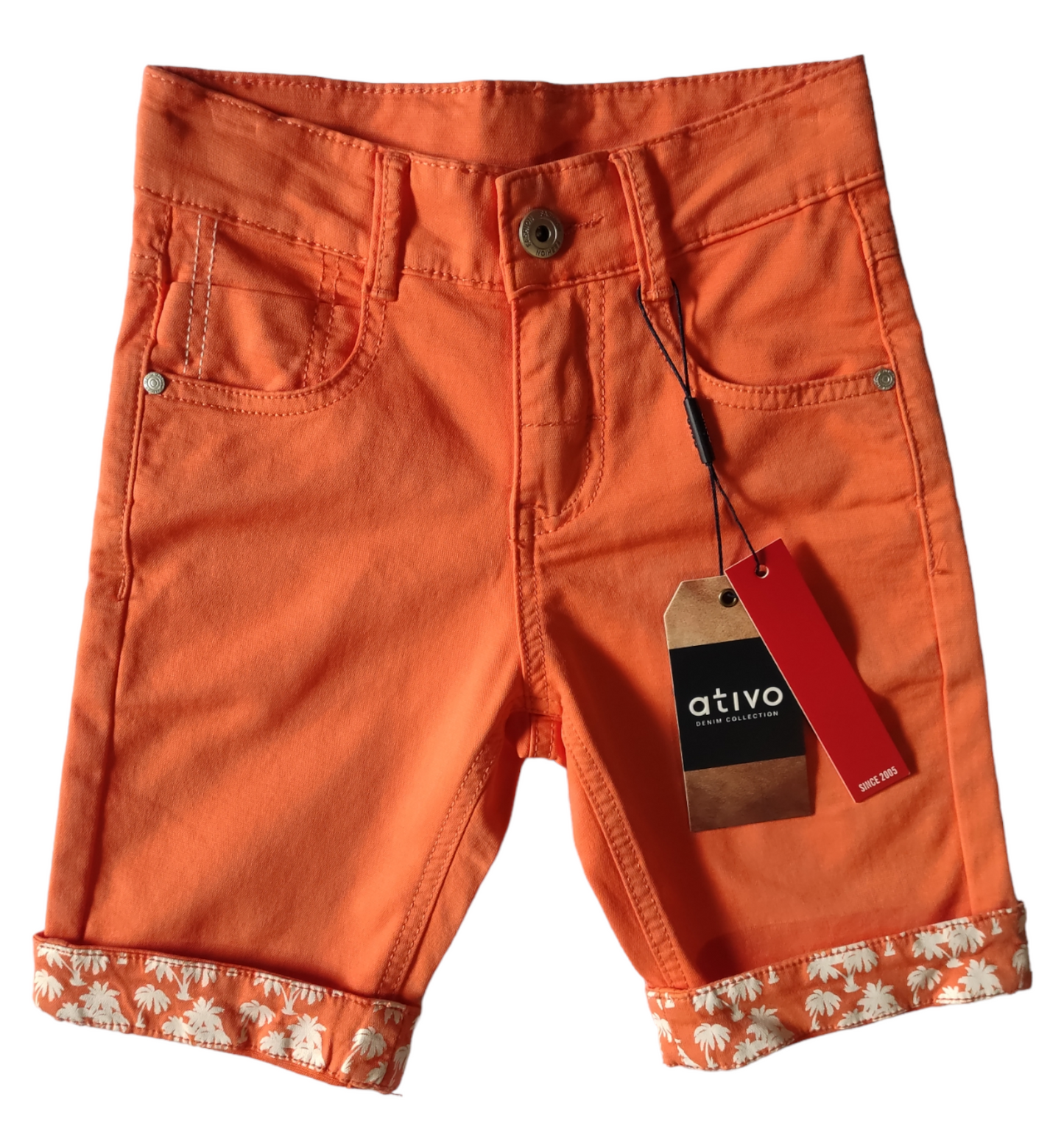 Bermuda in Jersey di Cotone Colorato Arancione Risvolto Stampato Palme Bambino Ragazzo 4-14 Anni