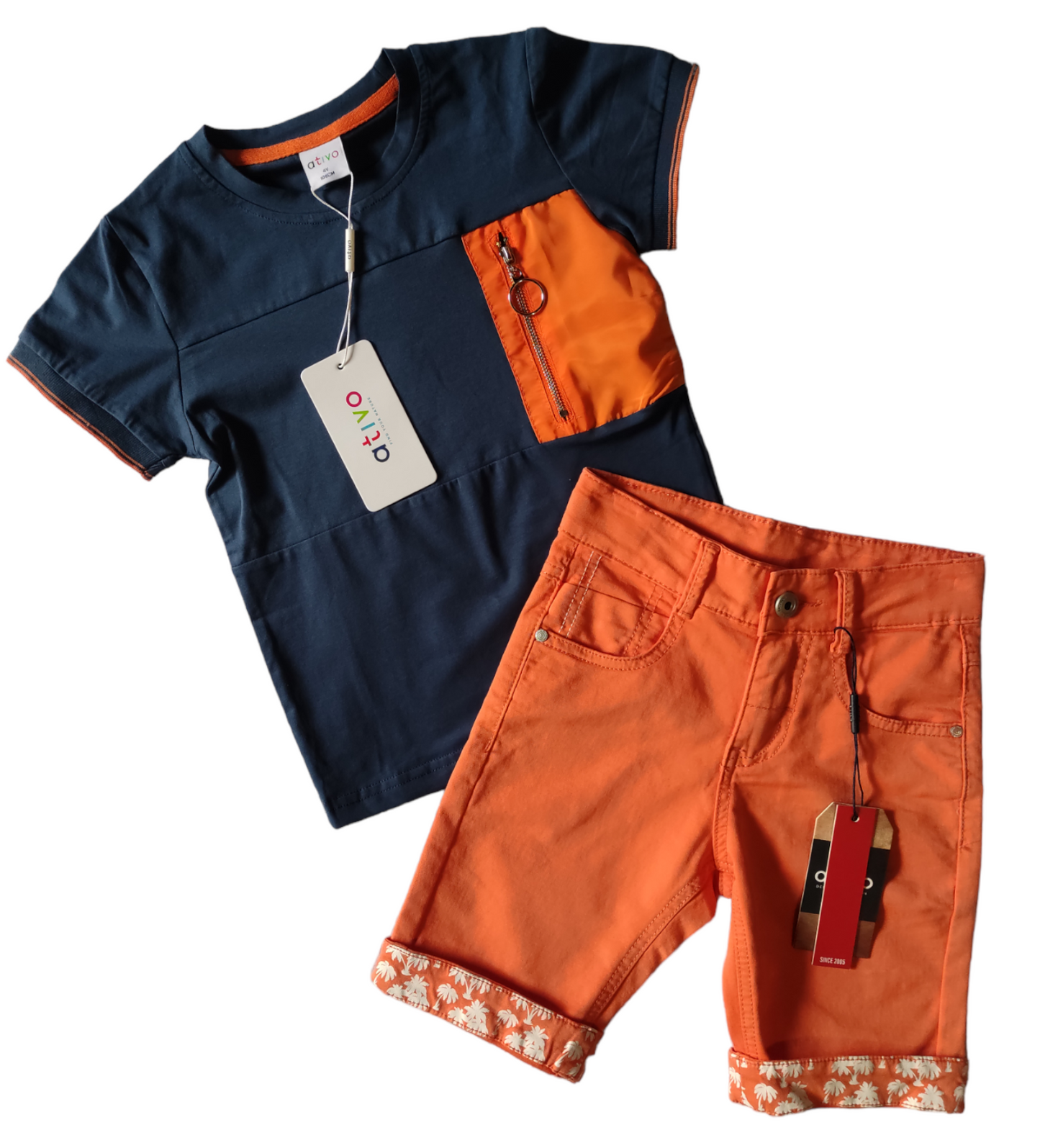 Bermuda in Jersey di Cotone Colorato Arancione Risvolto Stampato Palme Bambino Ragazzo 4-14 Anni