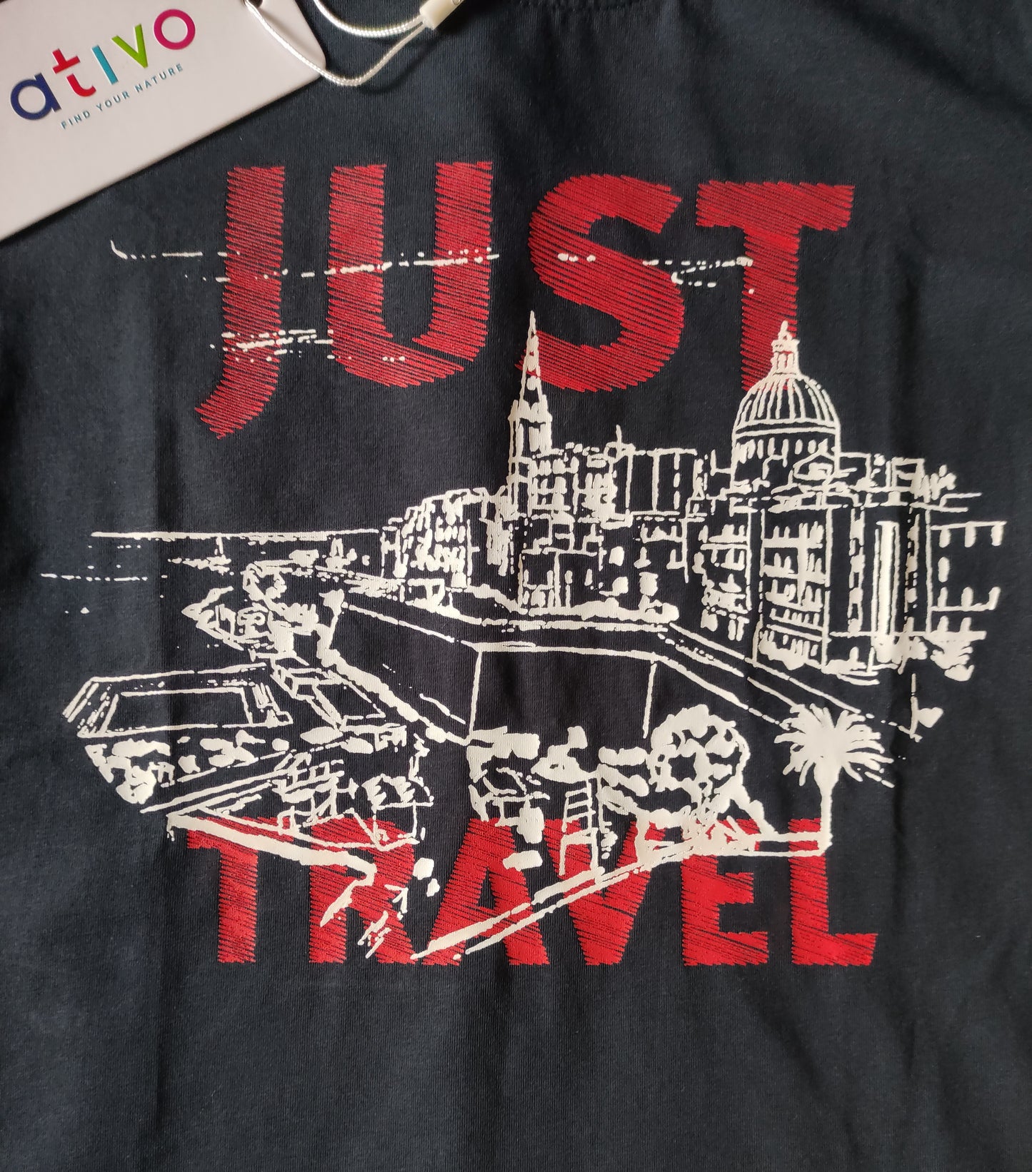 Maglietta in Cotone a Manica Corta Colore Blu Scuro Stampa Just Travel Bambino Ragazzo 4-16 Anni