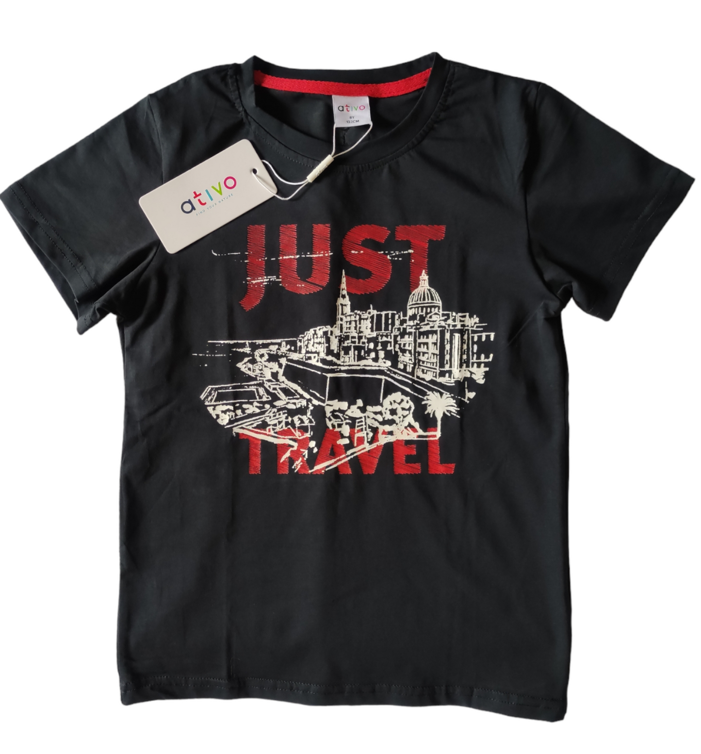 Maglietta in Cotone a Manica Corta Colore Blu Scuro Stampa Just Travel Bambino Ragazzo 4-16 Anni