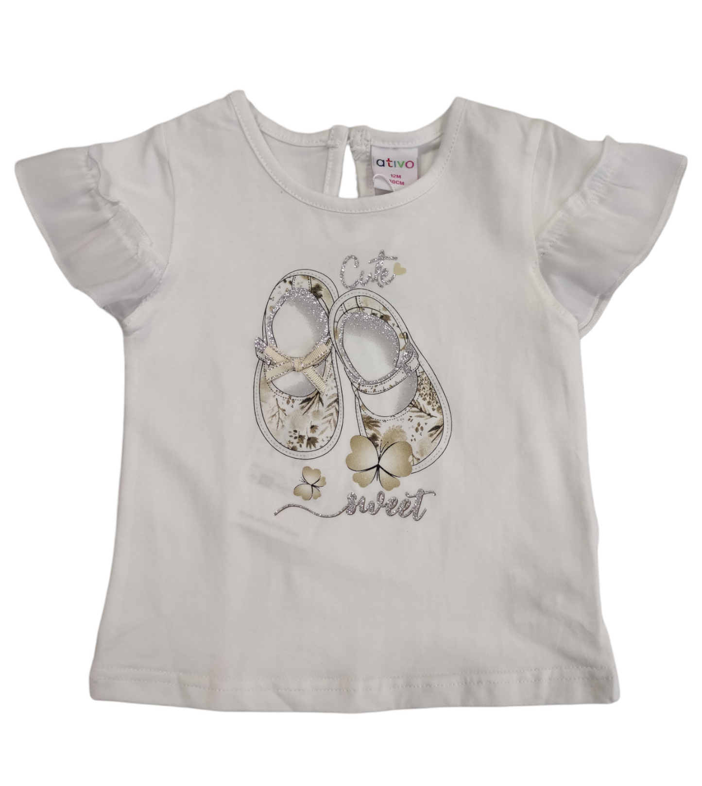 Completo Estivo T-Shirt Bianca a Manica Corta e Pantaloncino Beige con Rouches Bambina 6-36 Mesi