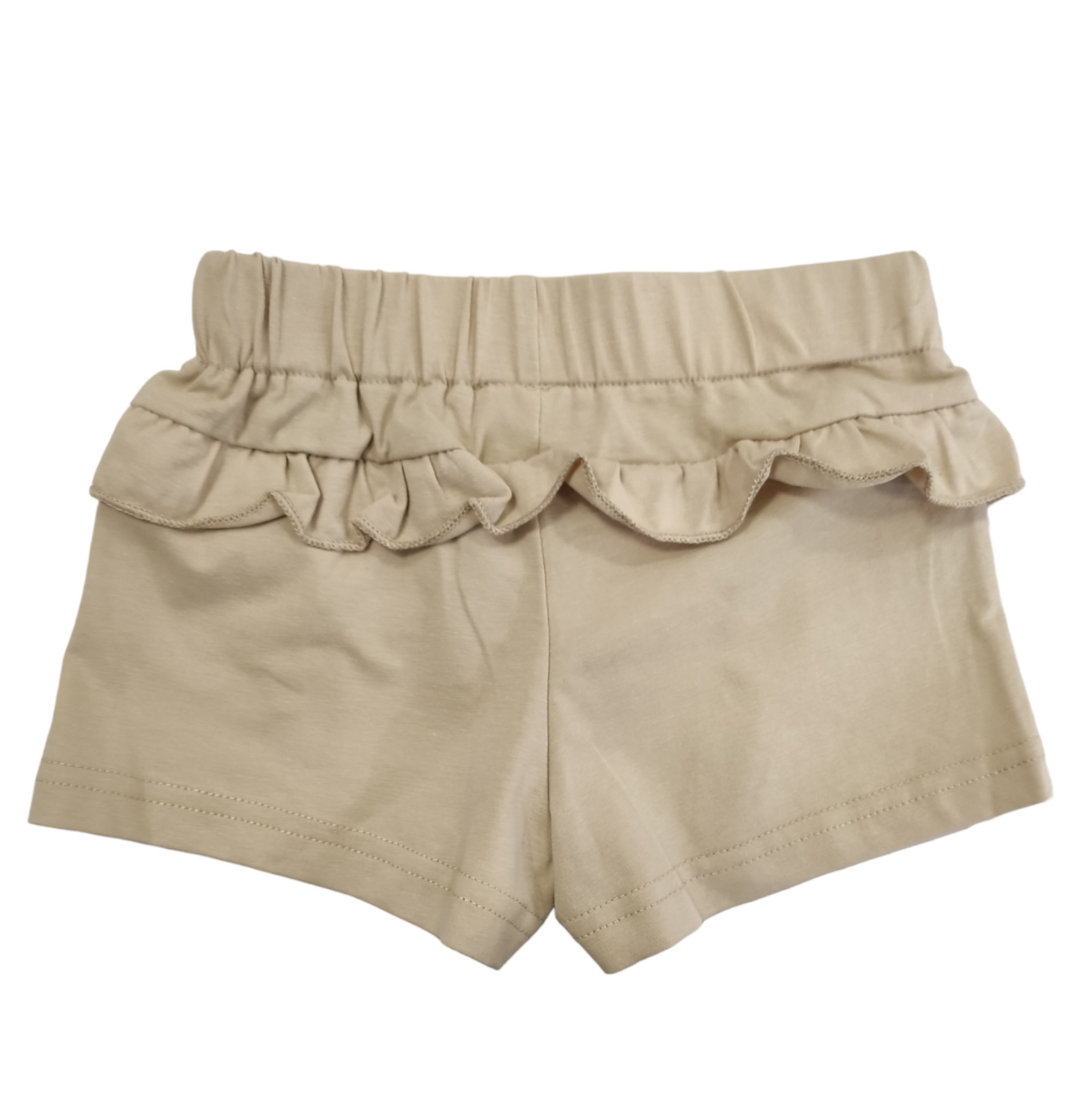 Completo Estivo T-Shirt Bianca a Manica Corta e Pantaloncino Beige con Rouches Bambina 6-36 Mesi