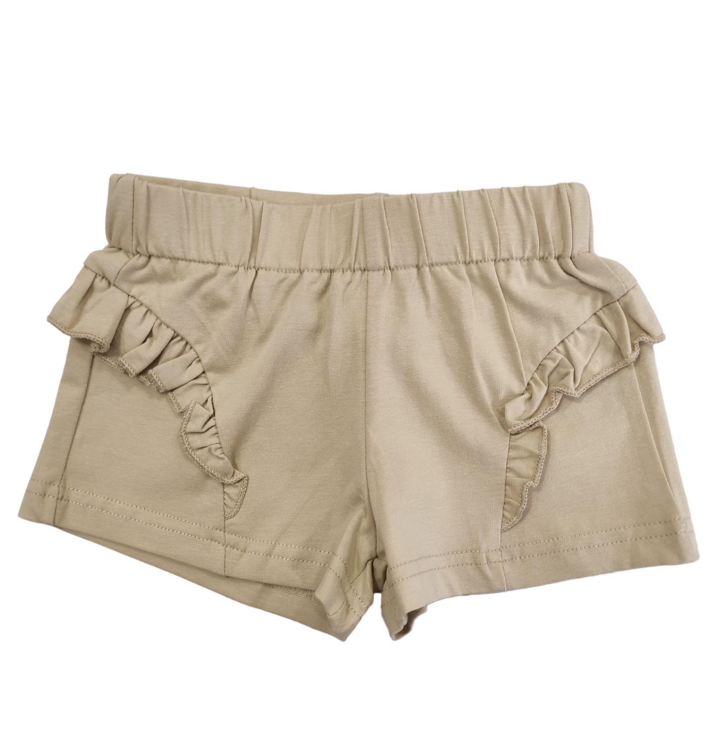 Completo Estivo T-Shirt Bianca a Manica Corta e Pantaloncino Beige con Rouches Bambina 6-36 Mesi