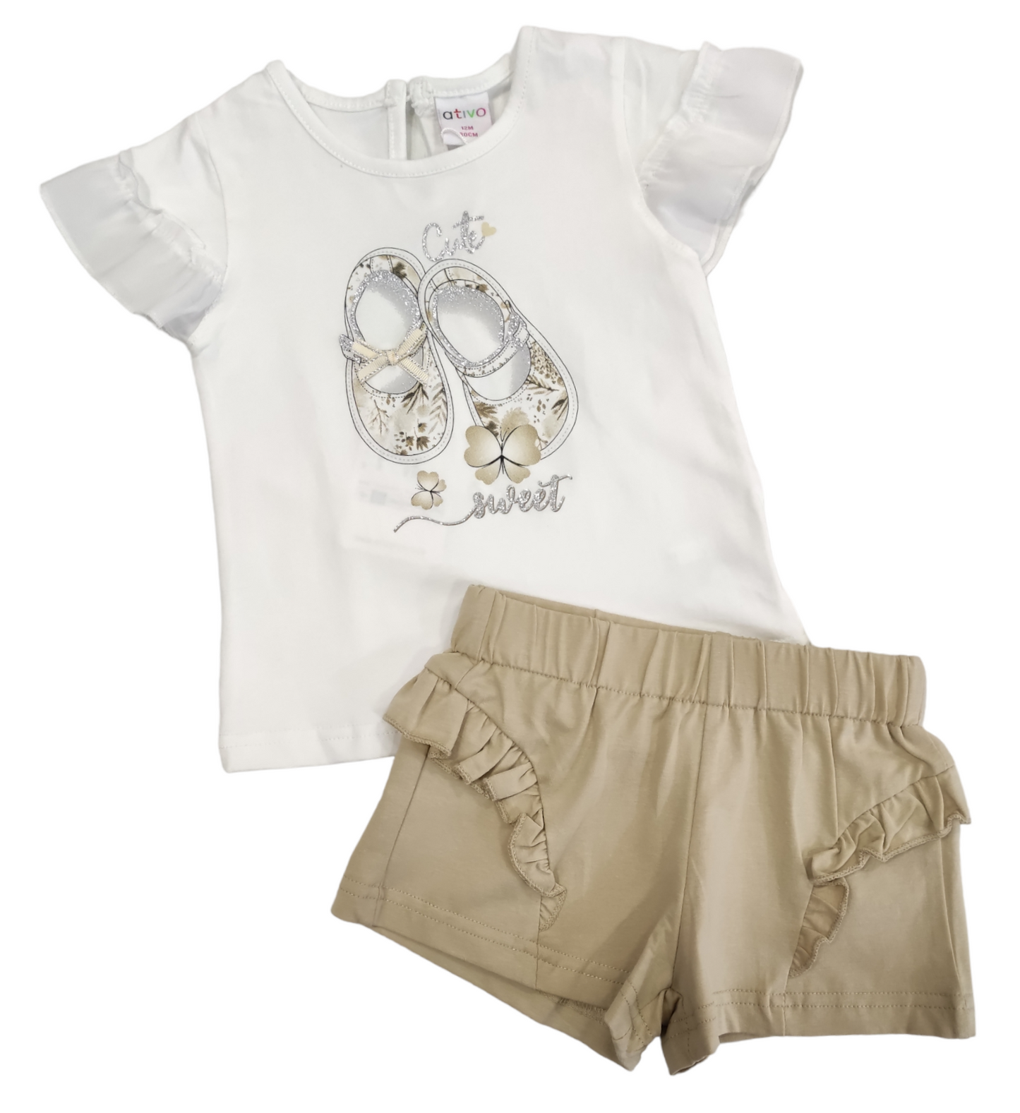 Completo Estivo T-Shirt Bianca a Manica Corta e Pantaloncino Beige con Rouches Bambina 6-36 Mesi