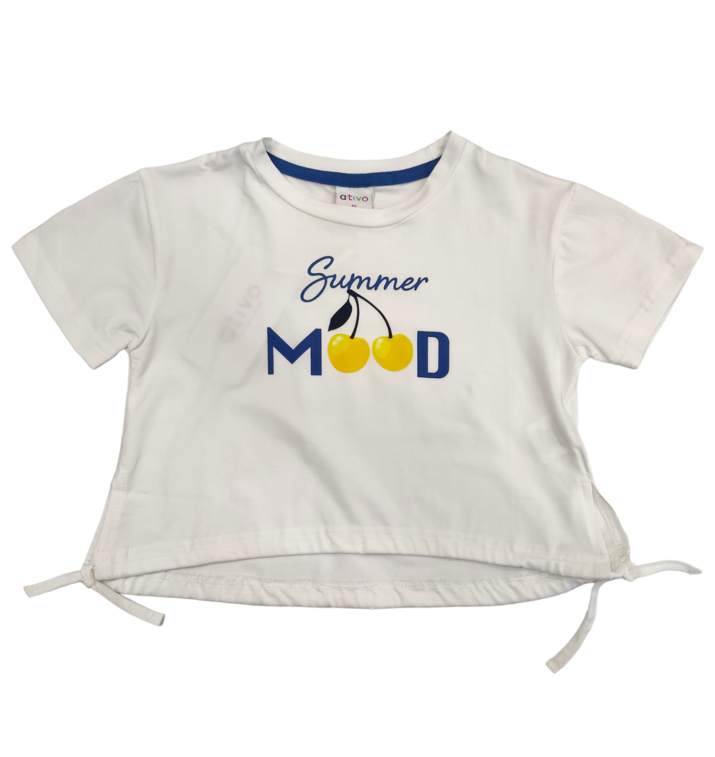 T-Shirt Bianca Corta a Mezza Manica in Jersey di Cotone Stampata Summer Mood Bambina Ragazza 4-14 Anni