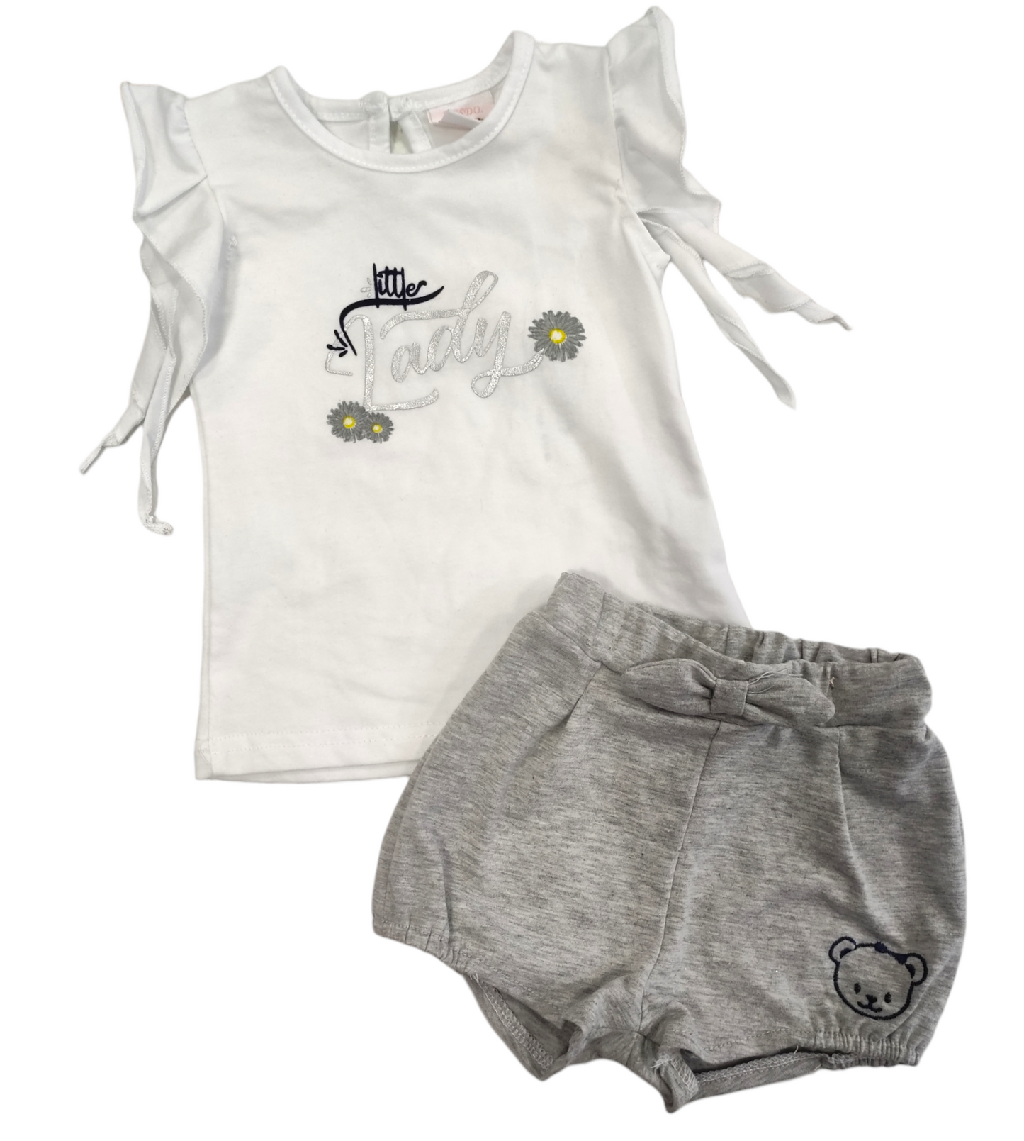 Completino Estivo T-Shirt Bianca e Pantaloncino Grigio in Cotone Bambina 0-36 Mesi