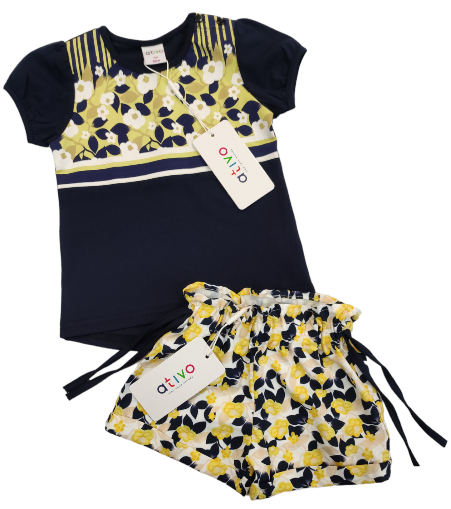 Shorts Estivo Arricciato in Vita Con Laccetti Fantasia a Fiori Gialli e Blu Bambina 6-36 Mesi