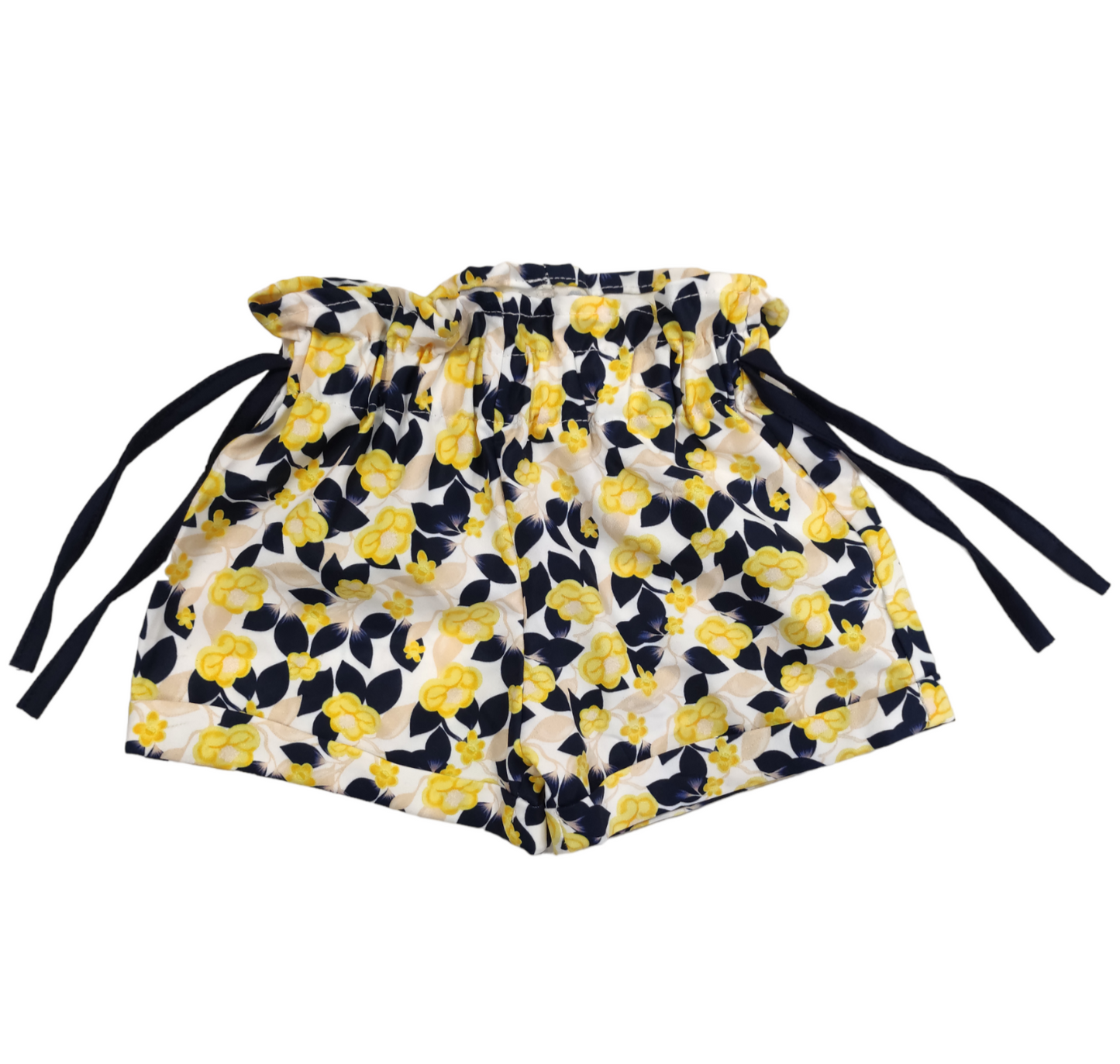 Shorts Estivo Arricciato in Vita Con Laccetti Fantasia a Fiori Gialli e Blu Bambina 6-36 Mesi