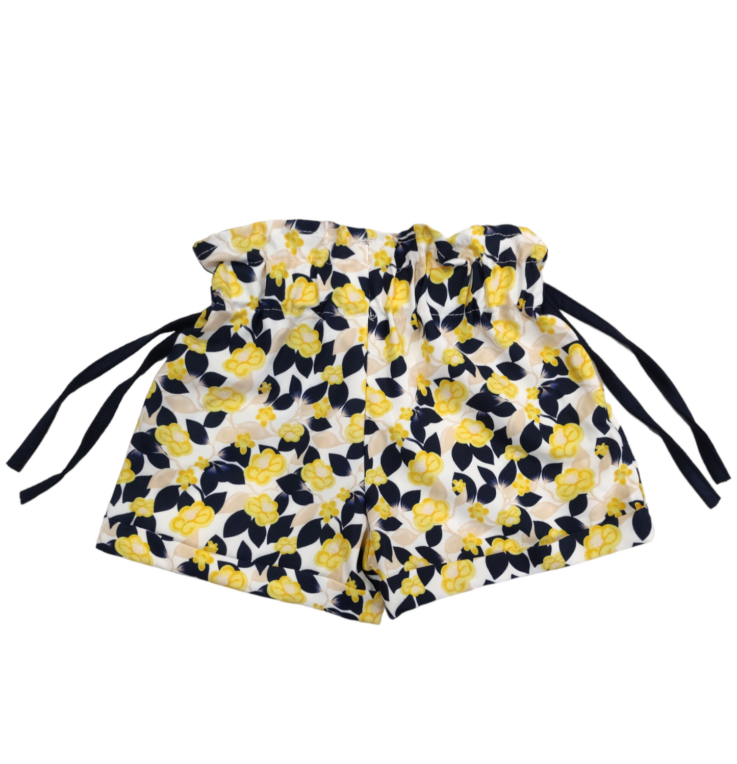 Shorts Estivo Arricciato in Vita Con Laccetti Fantasia a Fiori Gialli e Blu Bambina 6-36 Mesi