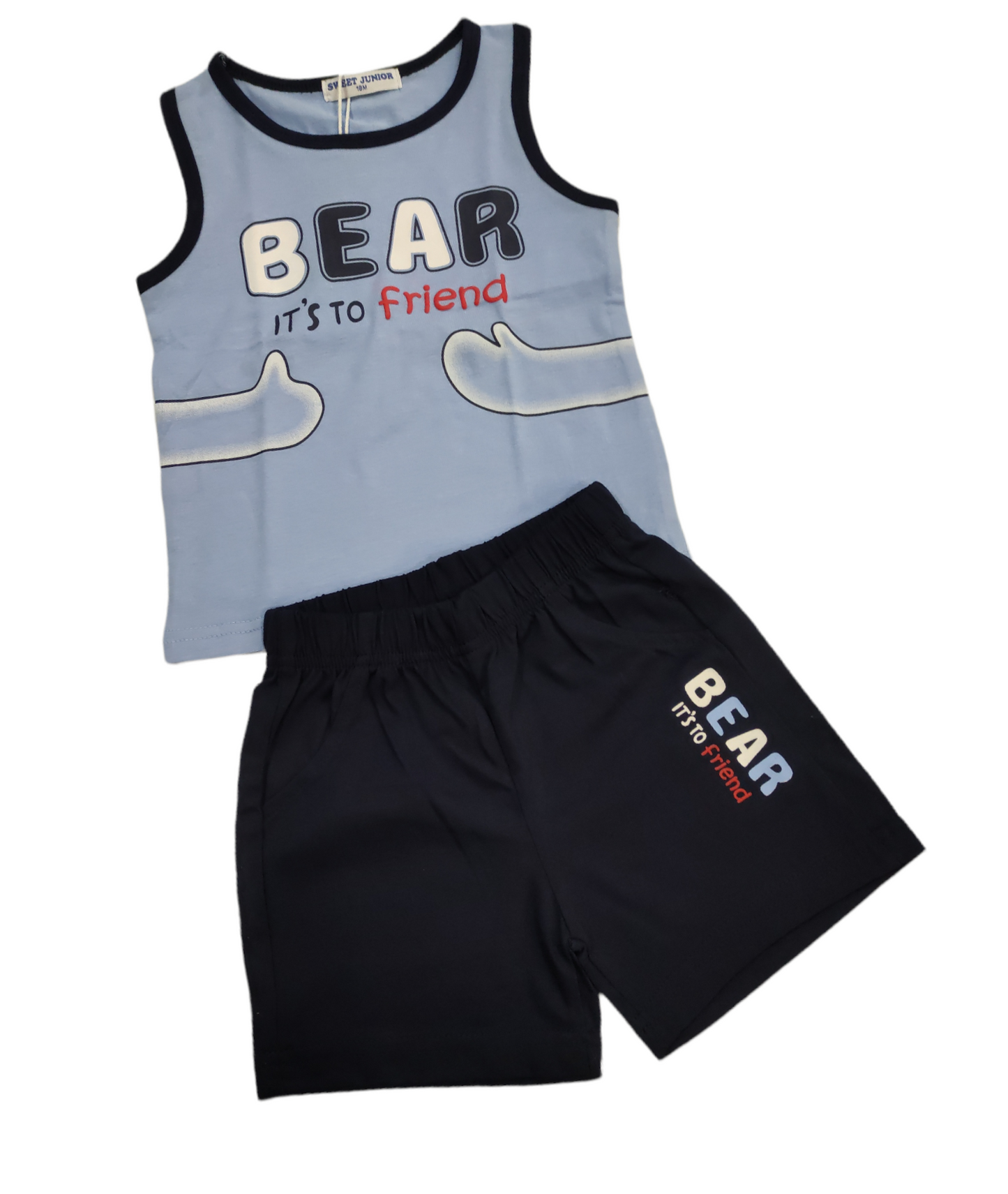 Completino Canottiera Azzurra Stampa Orso Bear Pantaloncino Blu Bambino 12-36 Mesi