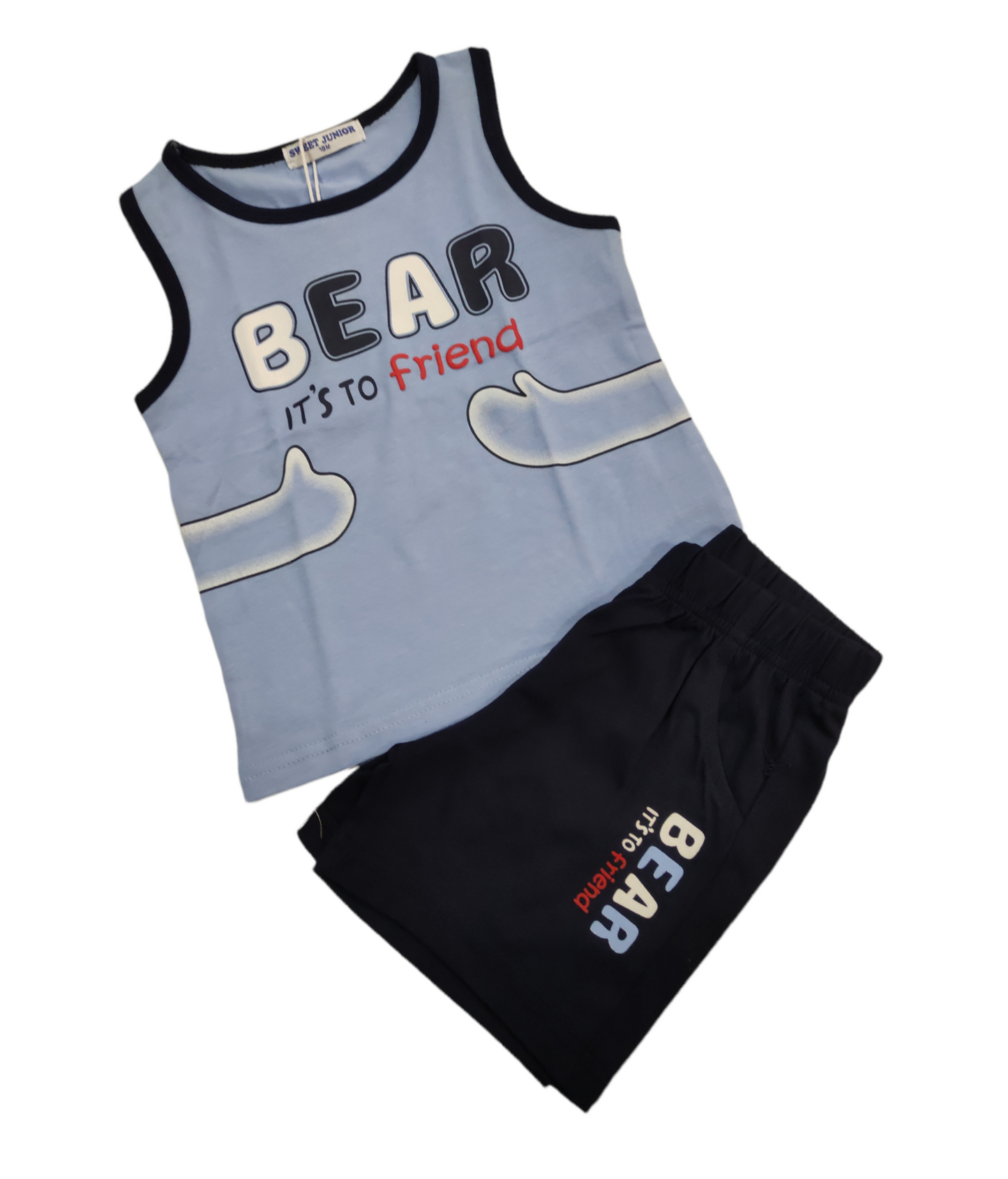Completino Canottiera Azzurra Stampa Orso Bear Pantaloncino Blu Bambino 12-36 Mesi