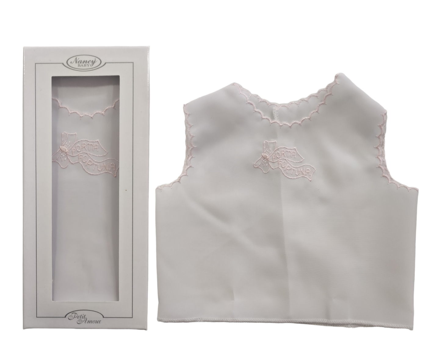 Camicina Della Fortuna Bianca con Ricamo Rosa in Seta Neonata Porta Fortuna