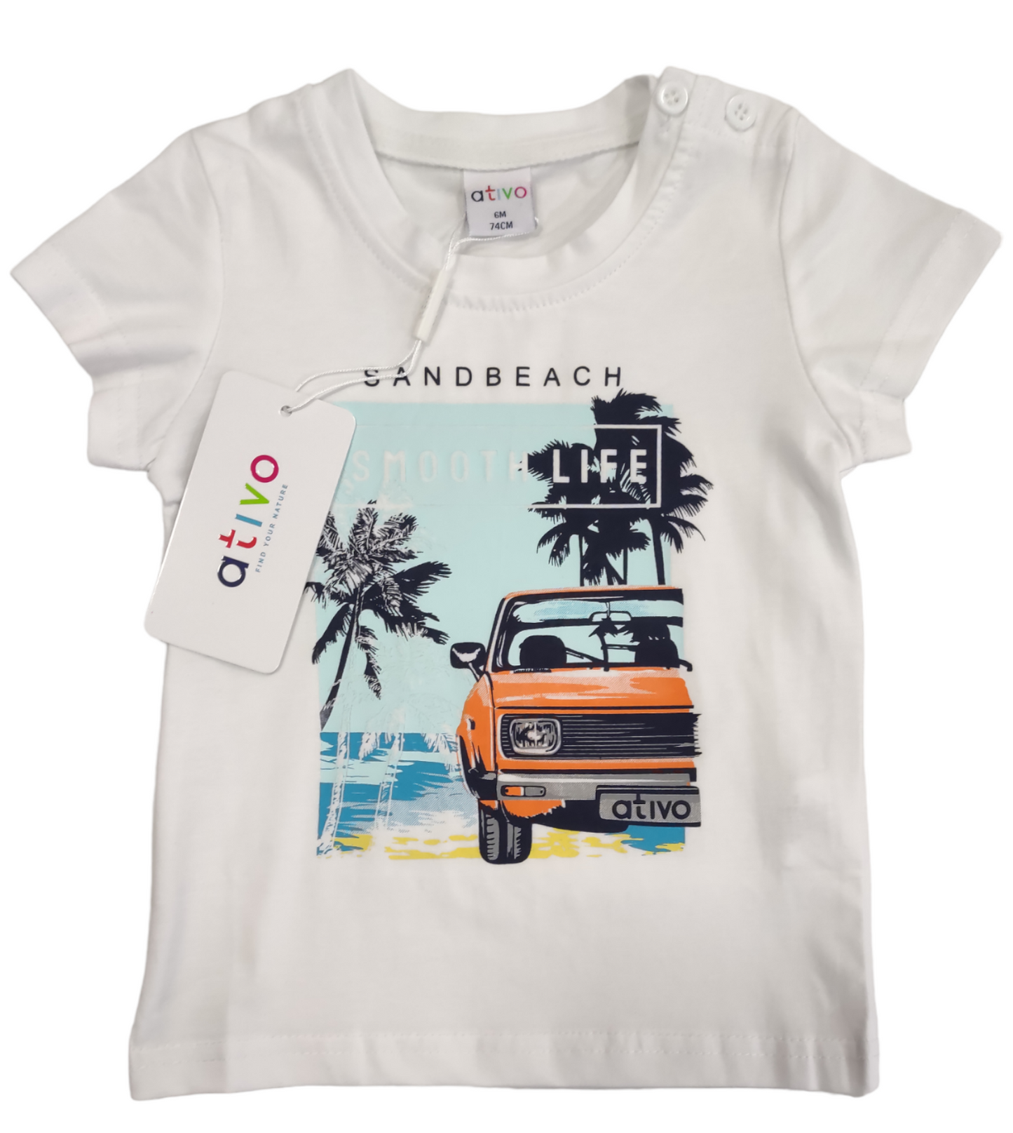 T-Shirt Bianca Estiva Manica Corta in Jersey di Cotone con Stampa Bambino 6-36 Mesi