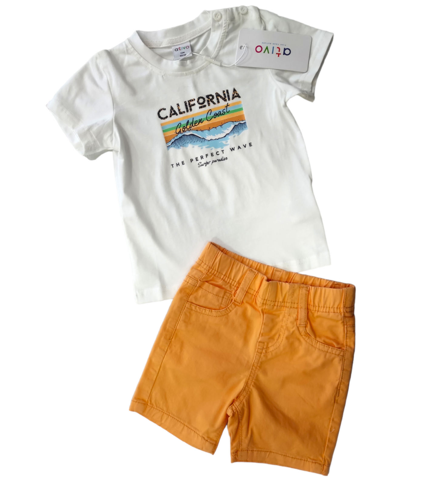 Completo T-shirt Bianca con Stampa e Bermuda in Jersey di Cotone Arancione Bambino 12-36 Mesi