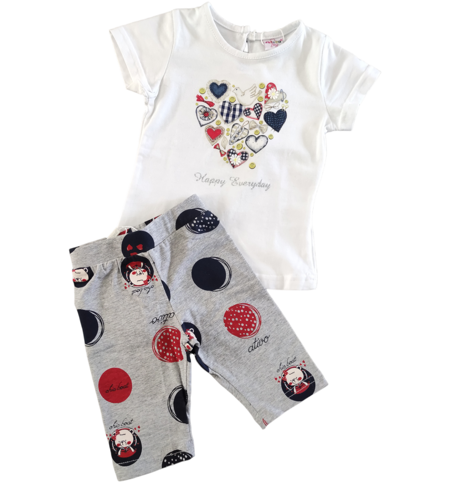 T-Shirt Bianca a Manica Corta in Jersey di Cotone Stampa Cuore Ativo Kids Bambina 6-36 Mesi