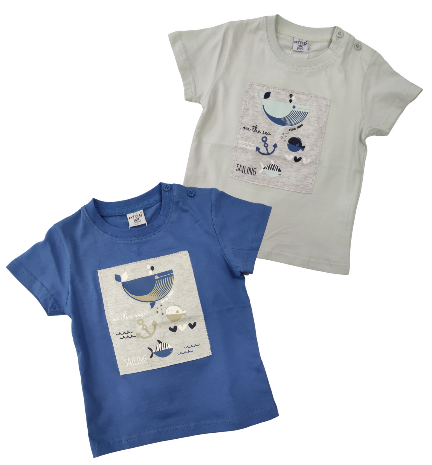 T-Shirt a Manica Corta in Jersey di Cotone con Stampa Riquadro Ricamato Bambino 6-36 Mesi