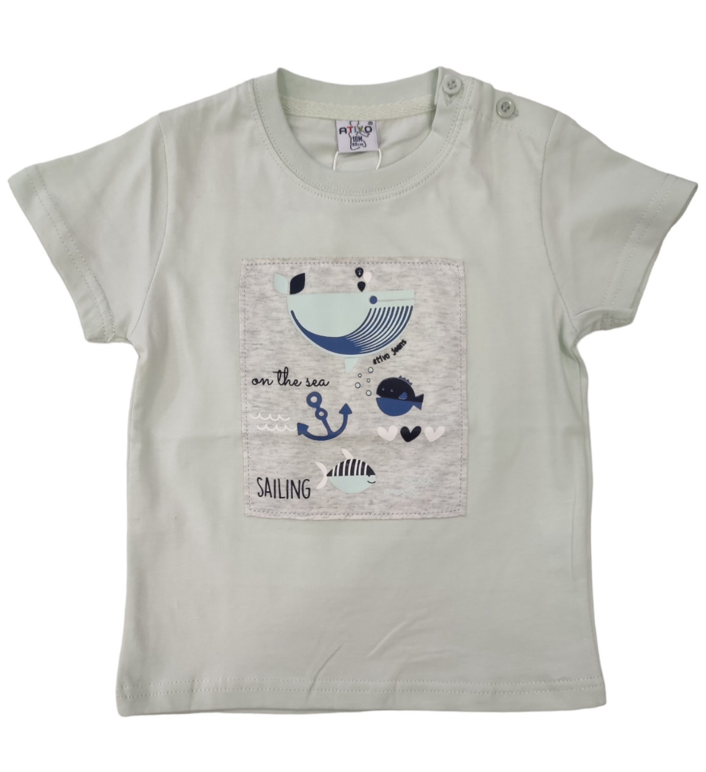 T-Shirt a Manica Corta in Jersey di Cotone con Stampa Riquadro Ricamato Bambino 6-36 Mesi