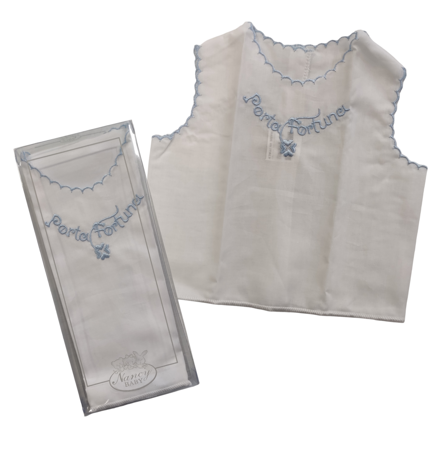 Camicina della Fortuna Cotone Bianco Con Bordi Celeste Neonato Culla Porta Fortuna