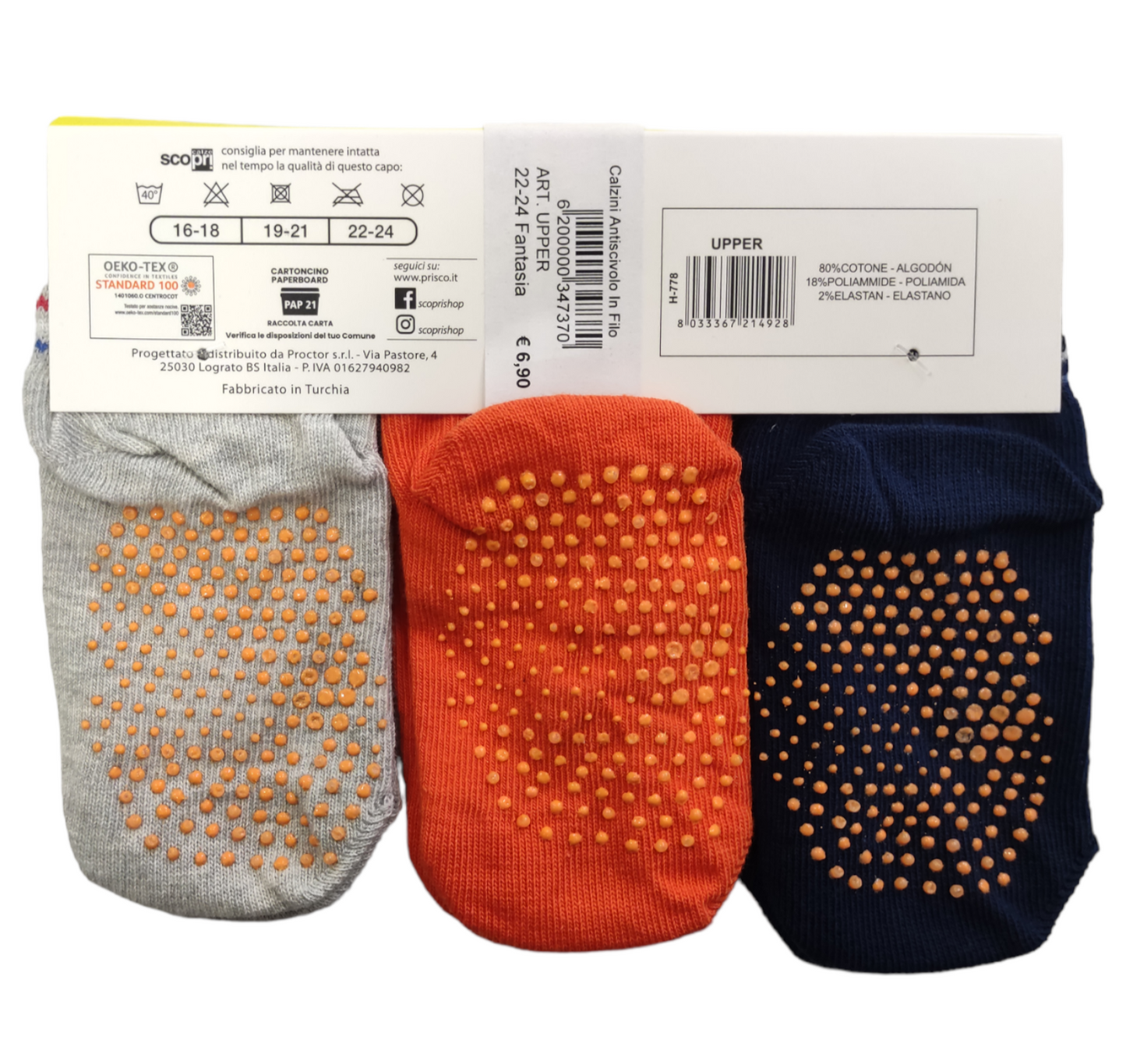 Tris Calzini Corti in Cotone Antiscivolo 3 Paia Rimagliati a Mano Bambino Taglia 22/24