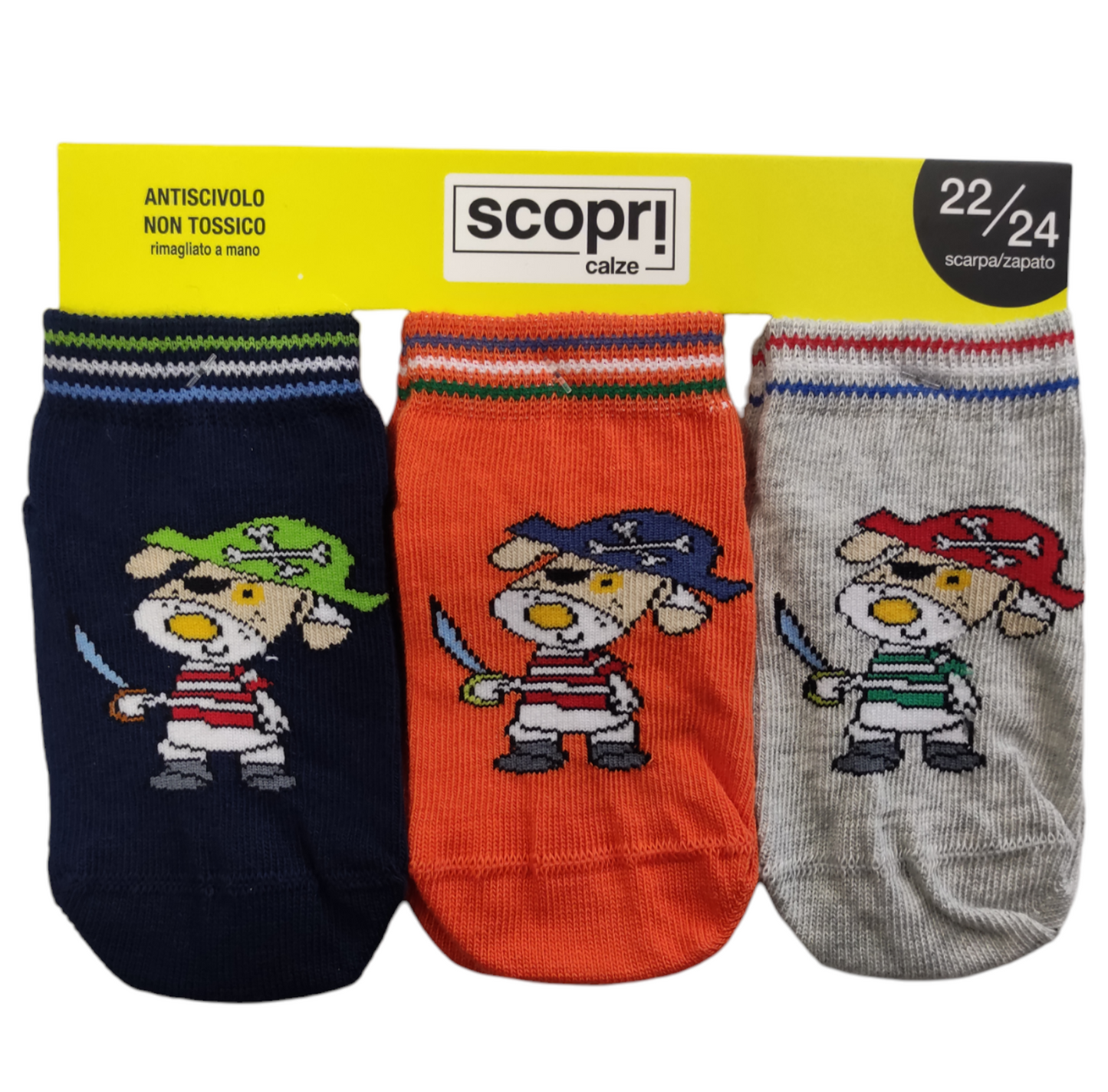 Tris Calzini Corti in Cotone Antiscivolo 3 Paia Rimagliati a Mano Bambino Taglia 22/24