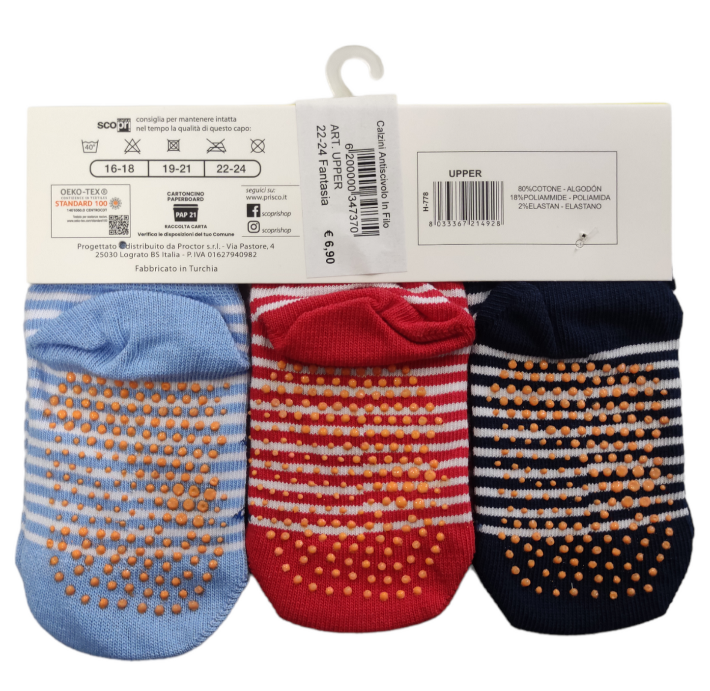 Tris Calzini Corti in Cotone Antiscivolo 3 Paia Rimagliati a Mano Bambino Taglia 22/24