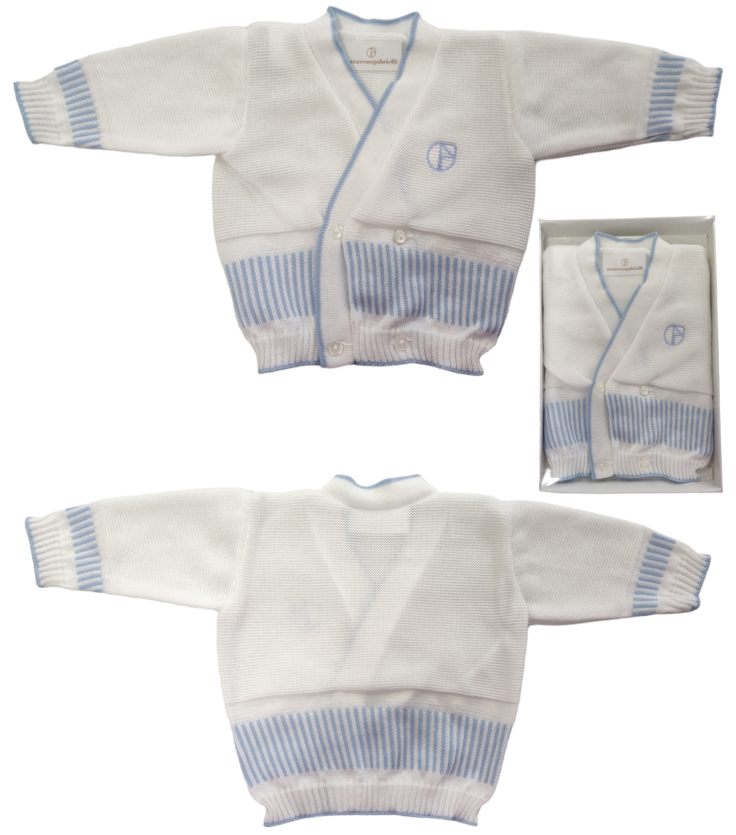 Scaldacuore in Puro Cotone Bianco e Celeste Modello Cardigan con Bottoni Neonato 0-3 Mesi