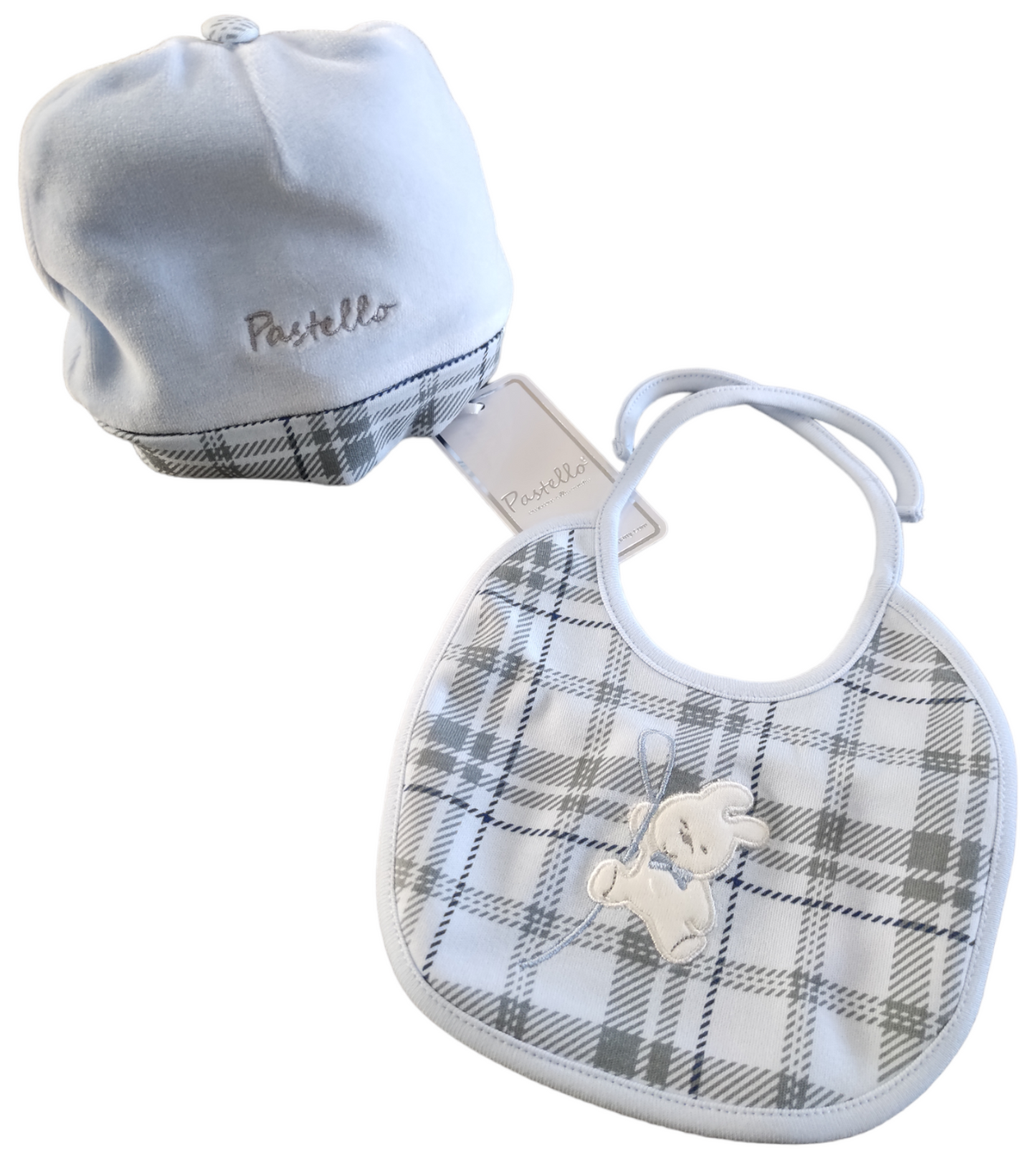 Set Parure Neonato Cappellino in Ciniglia e Bavaglino Intonati Pastello