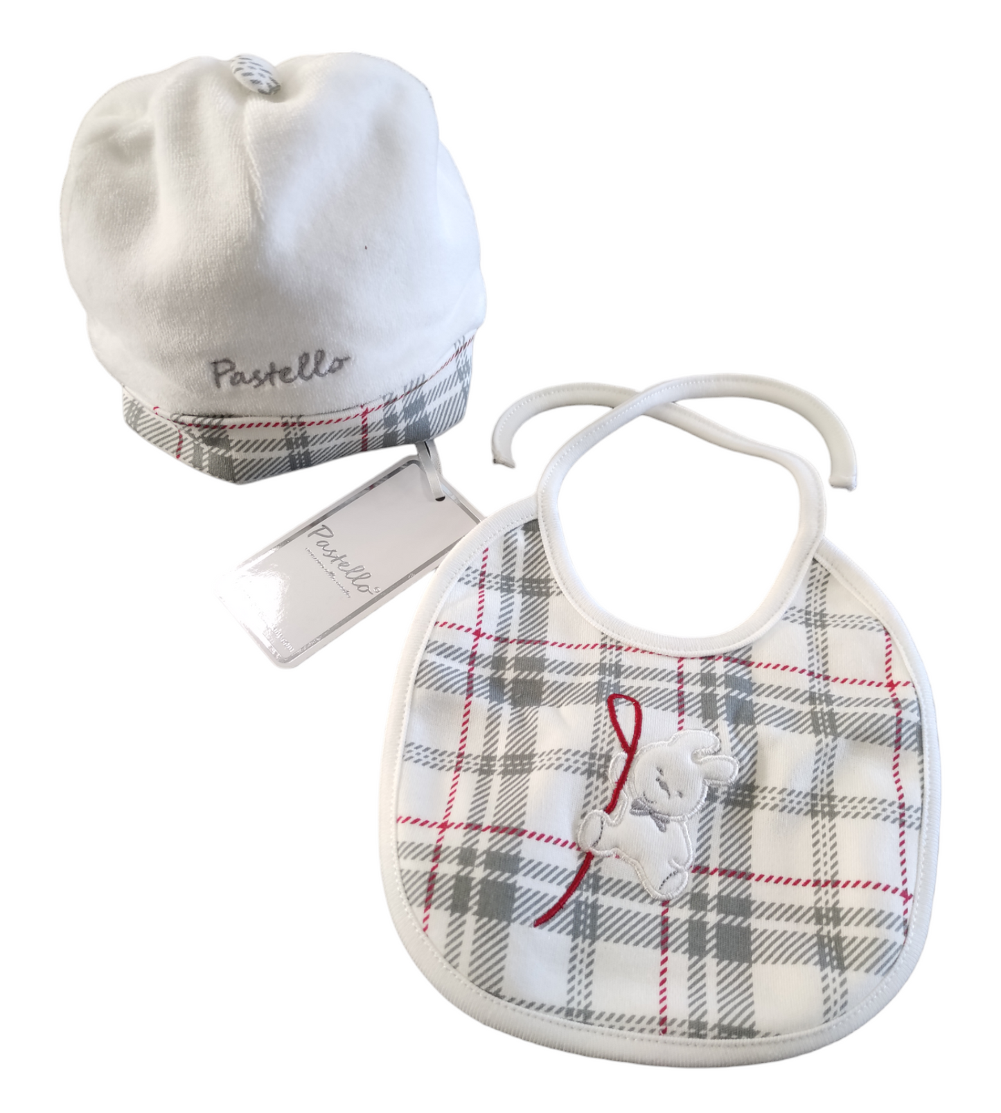 Set Parure Neonato Cappellino in Ciniglia e Bavaglino Intonati Pastello