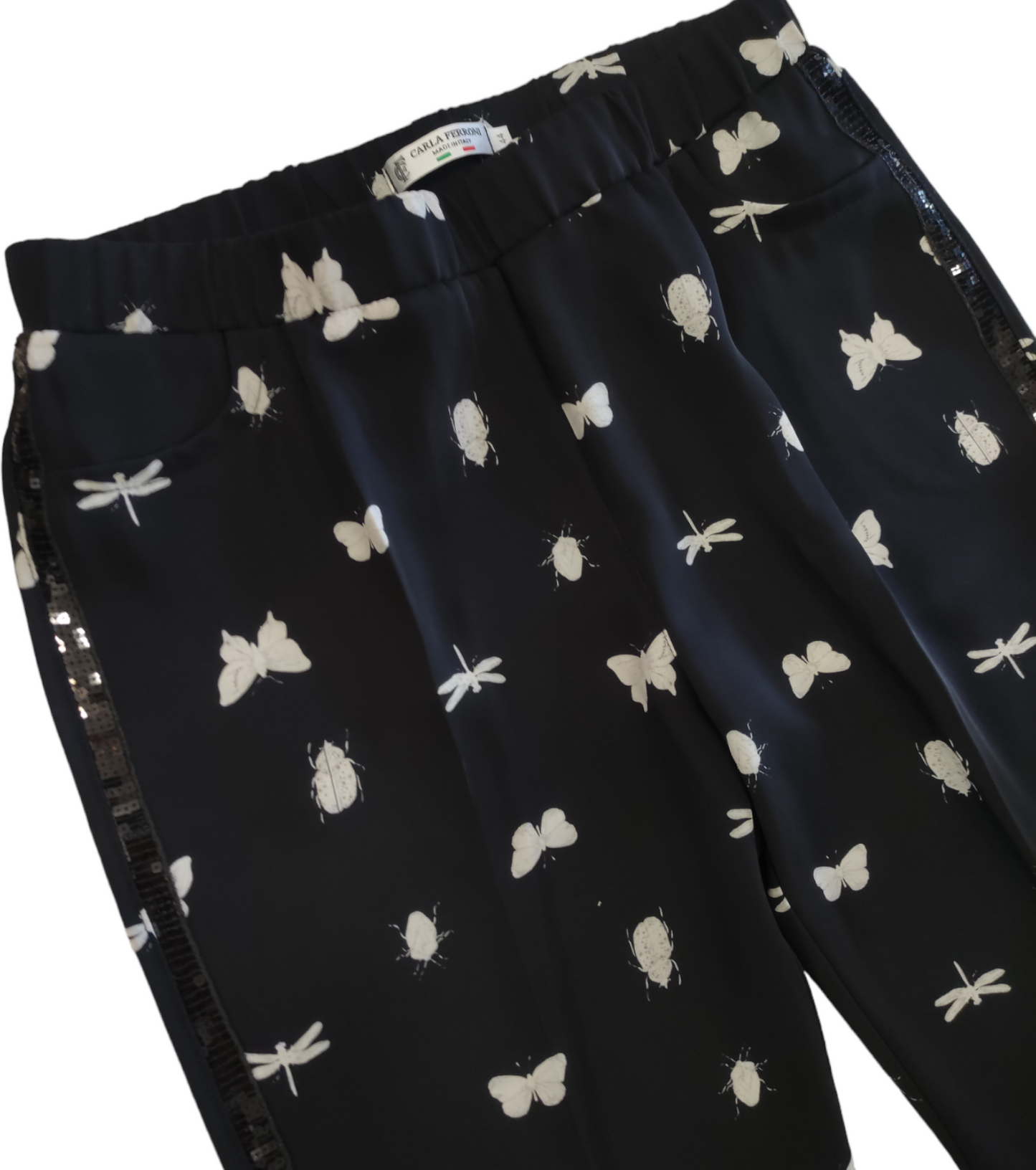 Pantalone Donna Nero a Gamba Dritta Stampa Farfalle Bianche con Banda Paillets Laterale Taglia 44