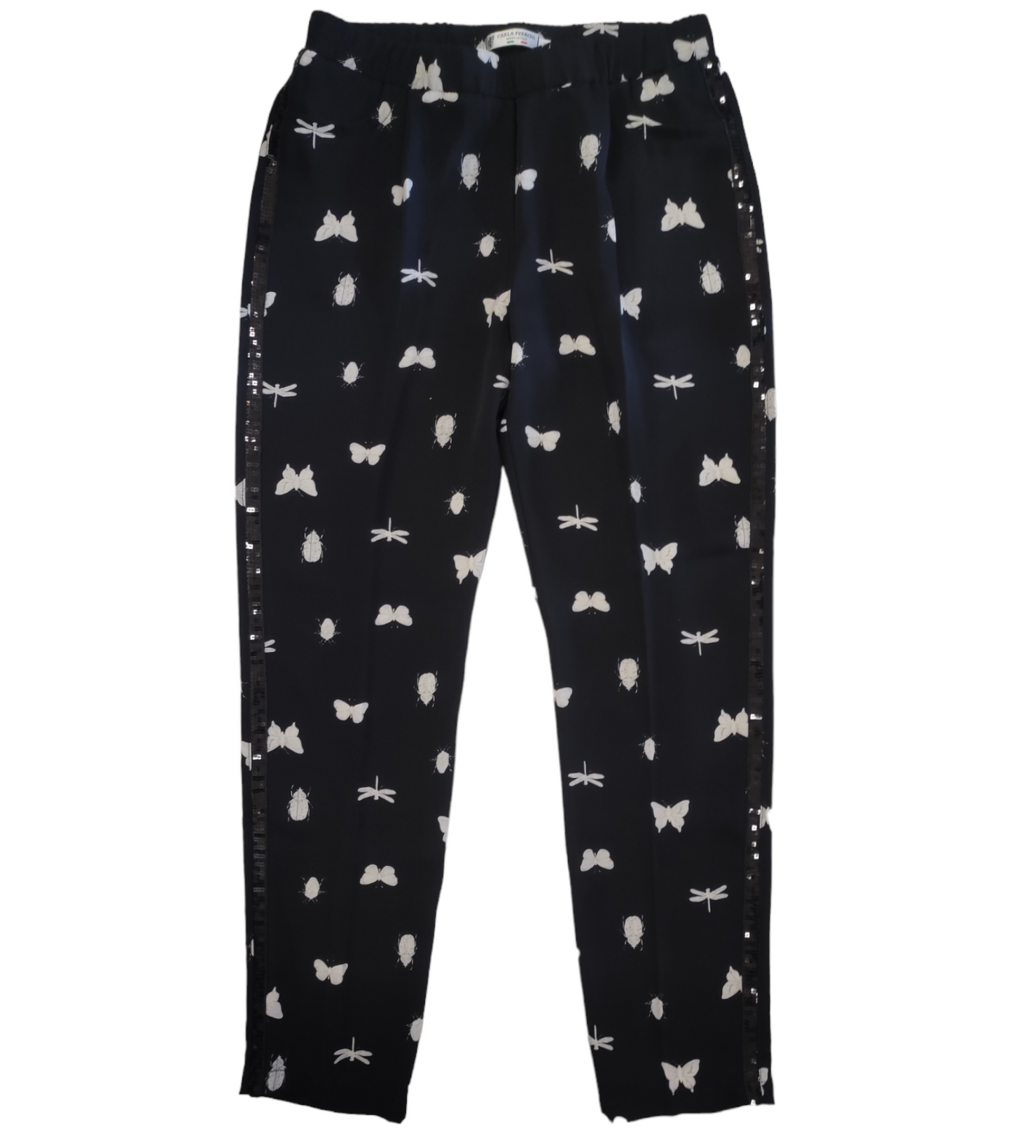 Pantalone Donna Nero a Gamba Dritta Stampa Farfalle Bianche con Banda Paillets Laterale Taglia 44
