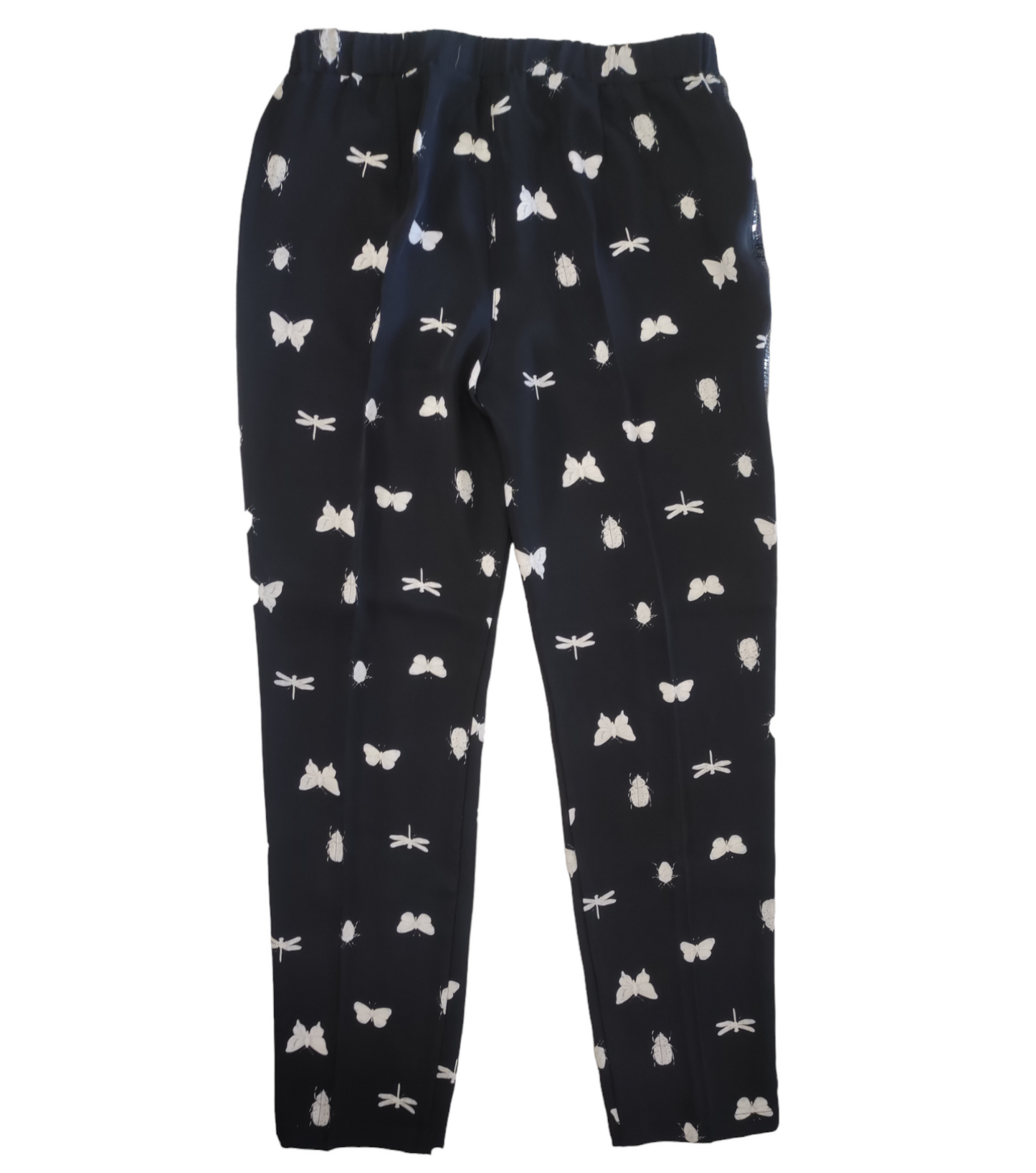 Pantalone Donna Nero a Gamba Dritta Stampa Farfalle Bianche con Banda Paillets Laterale Taglia 44