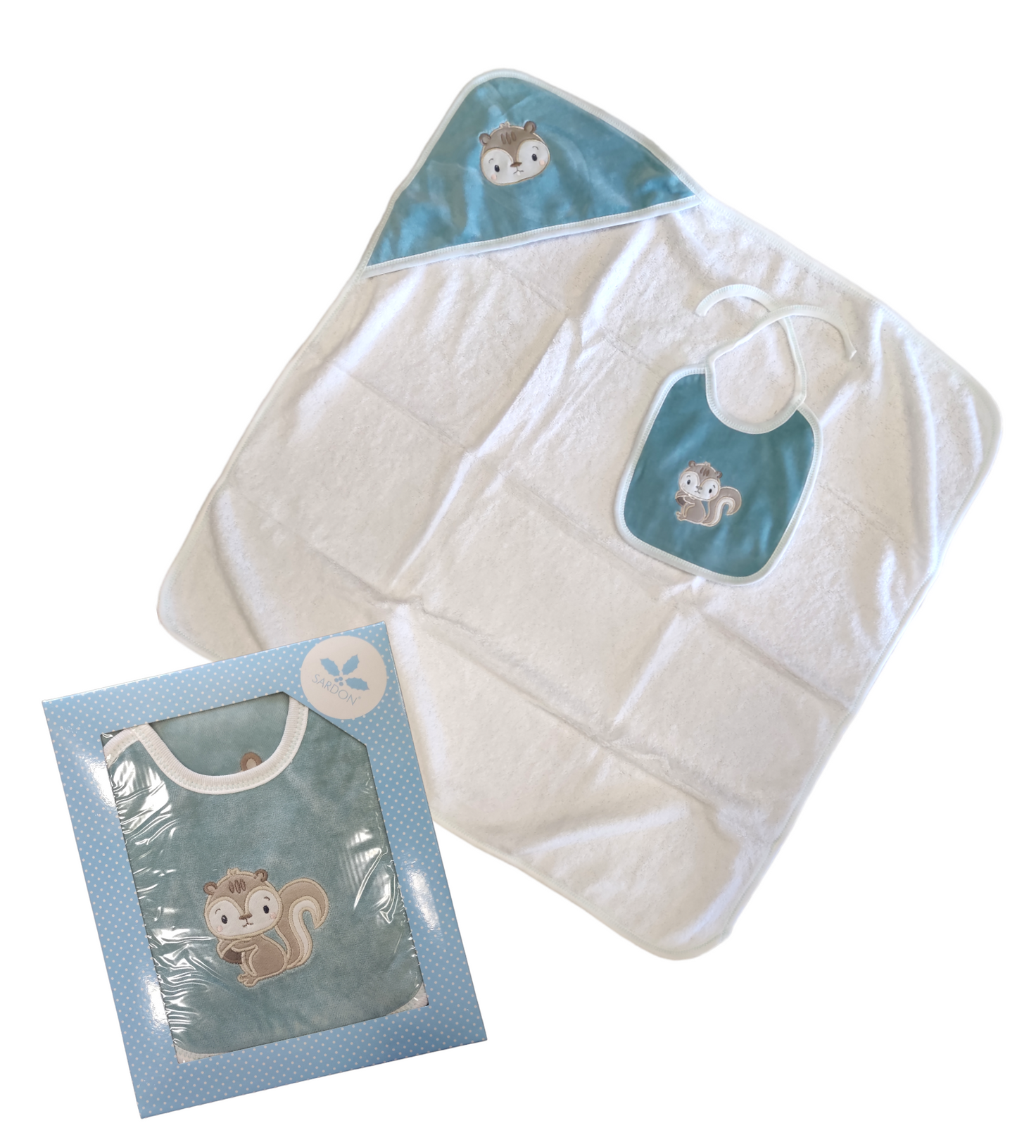 Set Accappatoio a Triangolo e Bavaglino Verde Acqua con Ricamo Scoiattolo Neonato Sardon