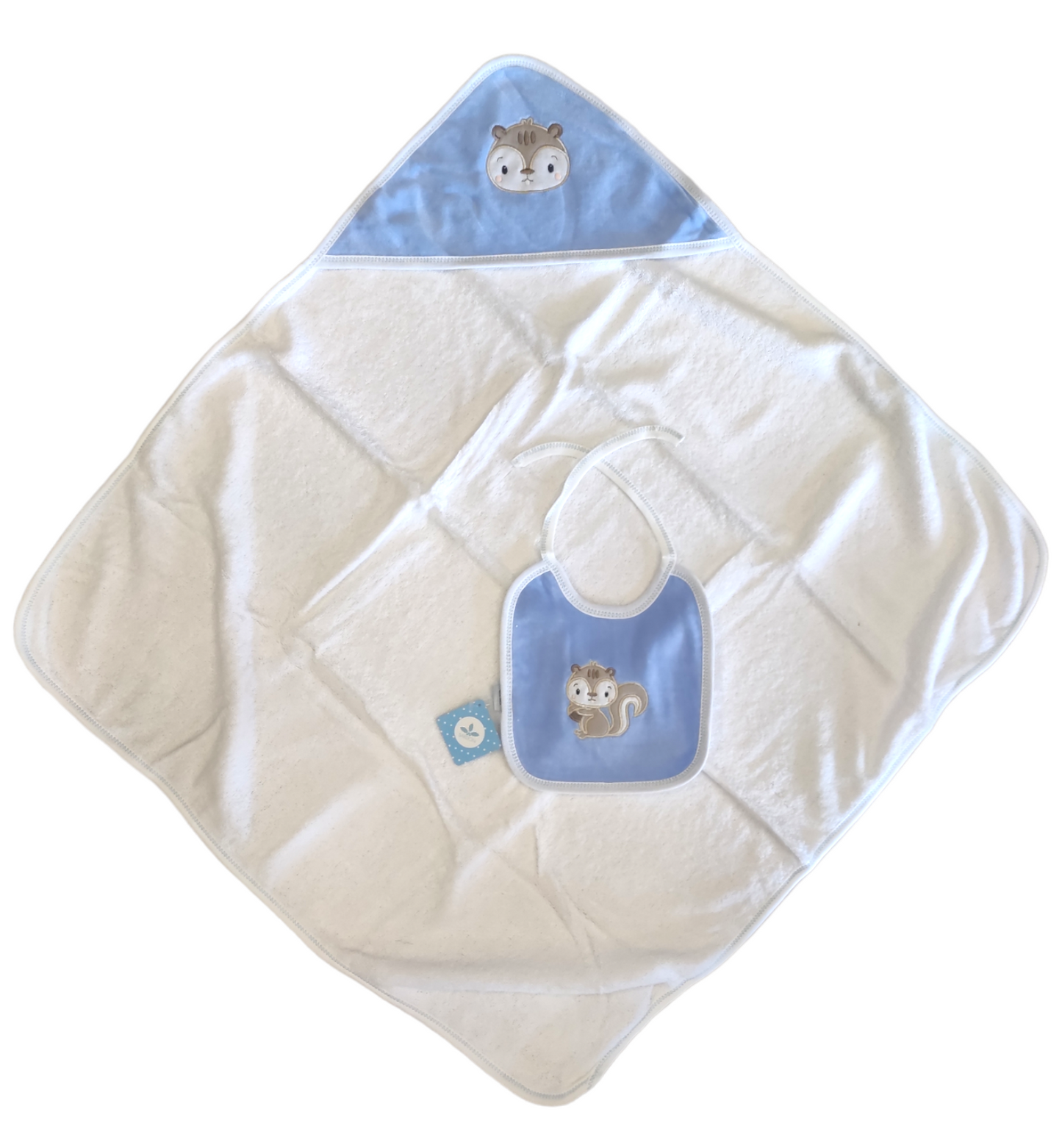 Set Accappatoio a Triangolo e Bavaglino Azzurro con Ricamo Scoiattolo Neonato Sardon