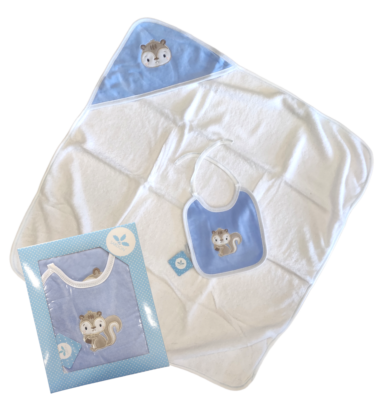 Set Accappatoio a Triangolo e Bavaglino Azzurro con Ricamo Scoiattolo Neonato Sardon
