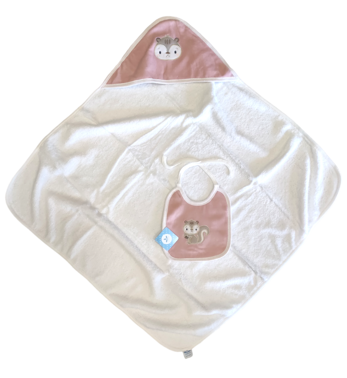 Set Accappatoio a Triangolo e Bavaglino Rosa Antico con Ricamo Scoiattolo Neonata Sardon